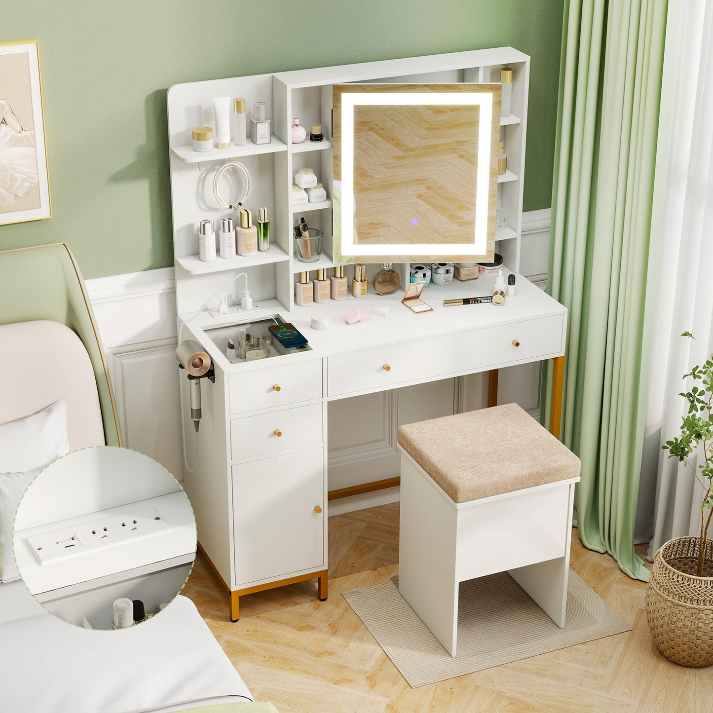 Modern Makeup Vanity with Adjustable LED Mirror, Cabinet and Stool
