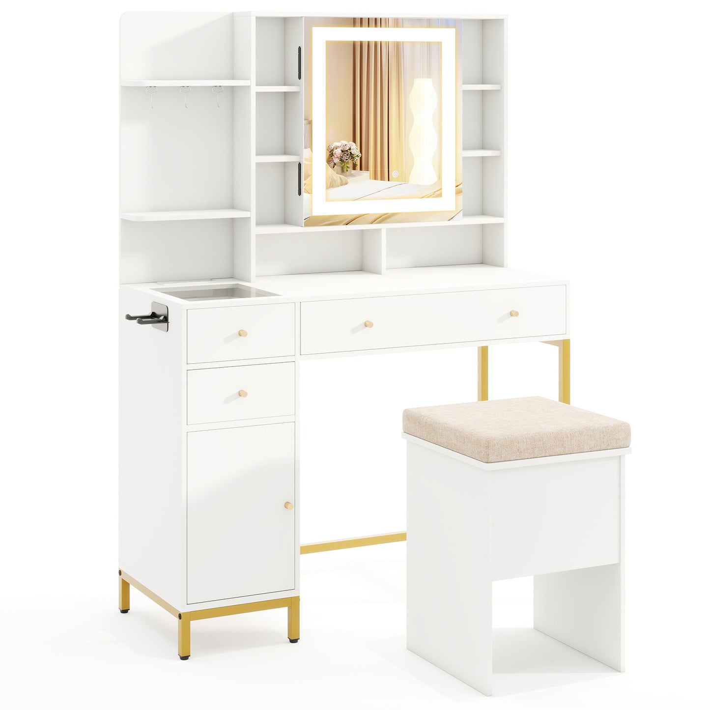 Modern Makeup Vanity with Adjustable LED Mirror, Cabinet and Stool