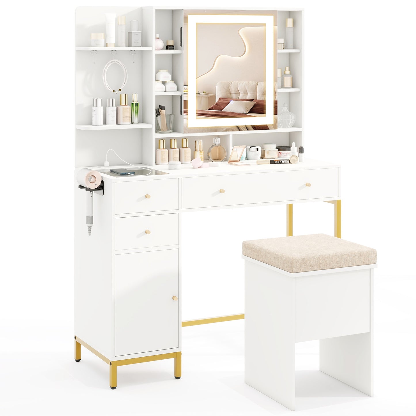 Modern Makeup Vanity with Adjustable LED Mirror, Cabinet and Stool