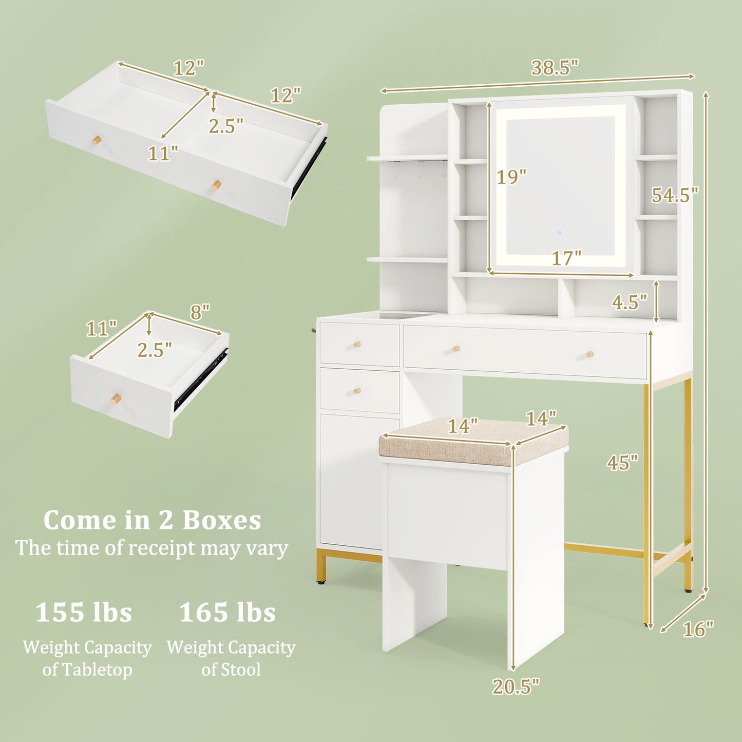 Modern Makeup Vanity with Adjustable LED Mirror, Cabinet and Stool