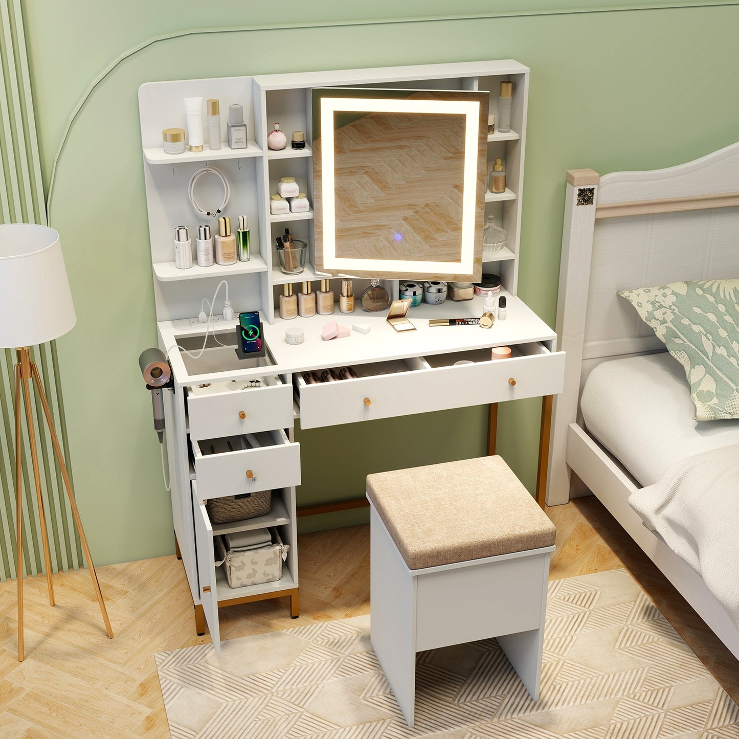 Modern Makeup Vanity with Adjustable LED Mirror, Cabinet and Stool