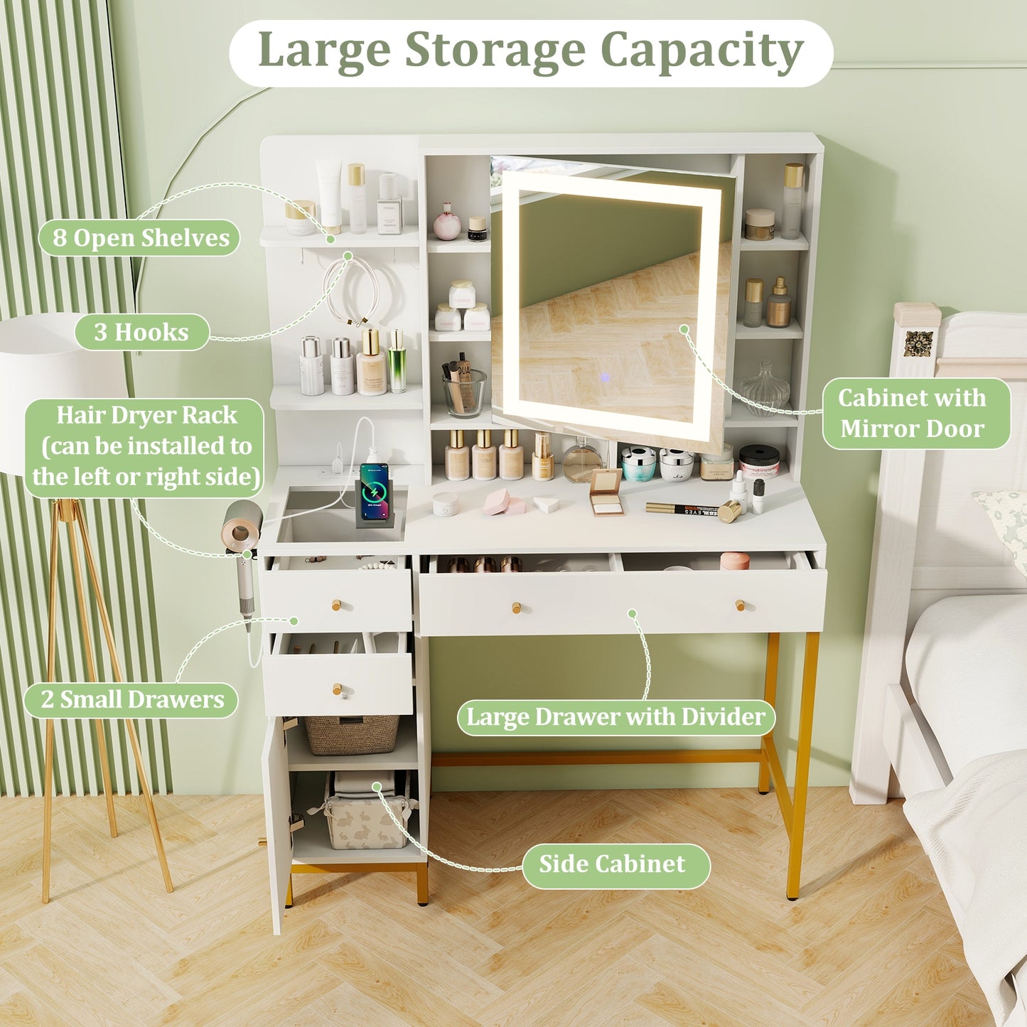 Modern Makeup Vanity with Adjustable LED Mirror, Cabinet and Stool