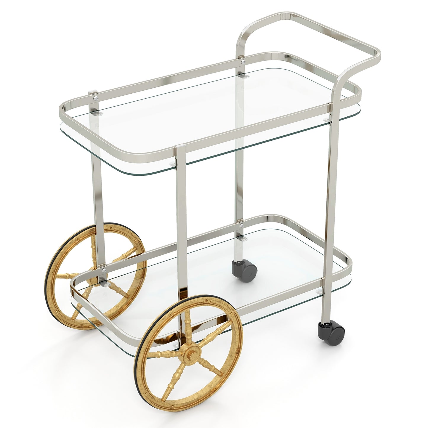 Elegant 2-Tier Tempered Glass Serving Cart with Stainless Steel Frame and Smooth Rolling Wheels
