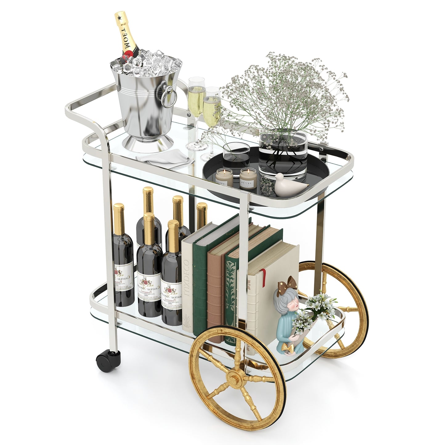 Elegant 2-Tier Tempered Glass Serving Cart with Stainless Steel Frame and Smooth Rolling Wheels