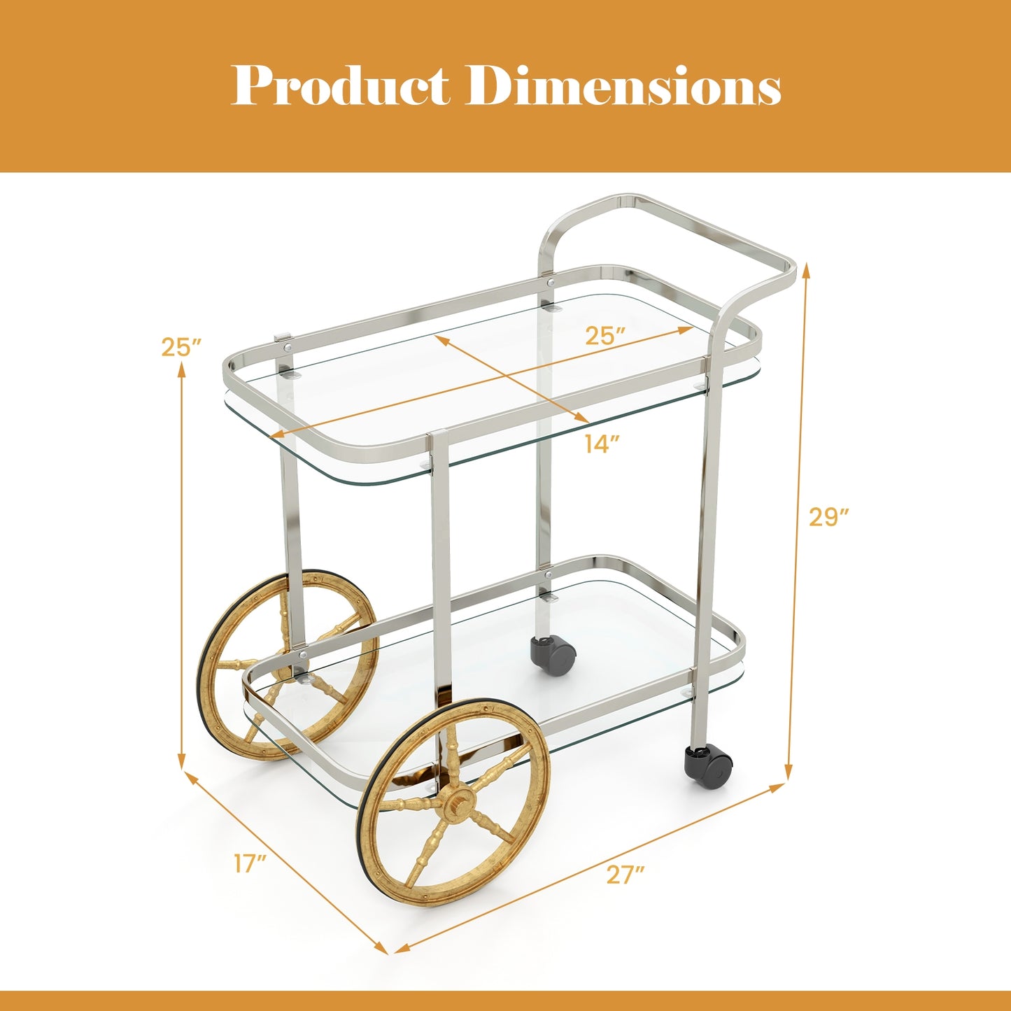 Elegant 2-Tier Tempered Glass Serving Cart with Stainless Steel Frame and Smooth Rolling Wheels
