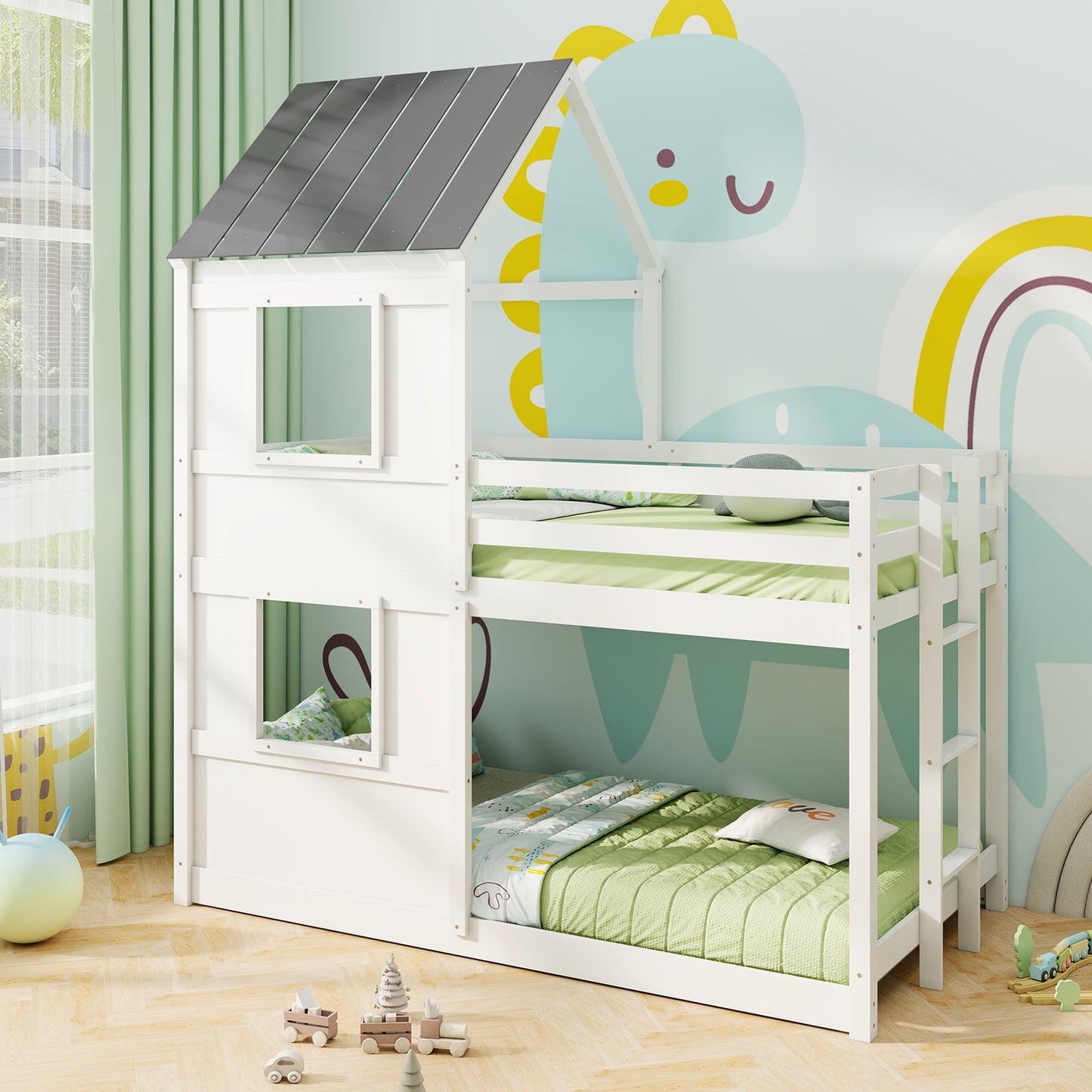 Solid Wood Twin Over Twin Bunk Bed with Full-Length Safety Guardrail and Sturdy Ladder