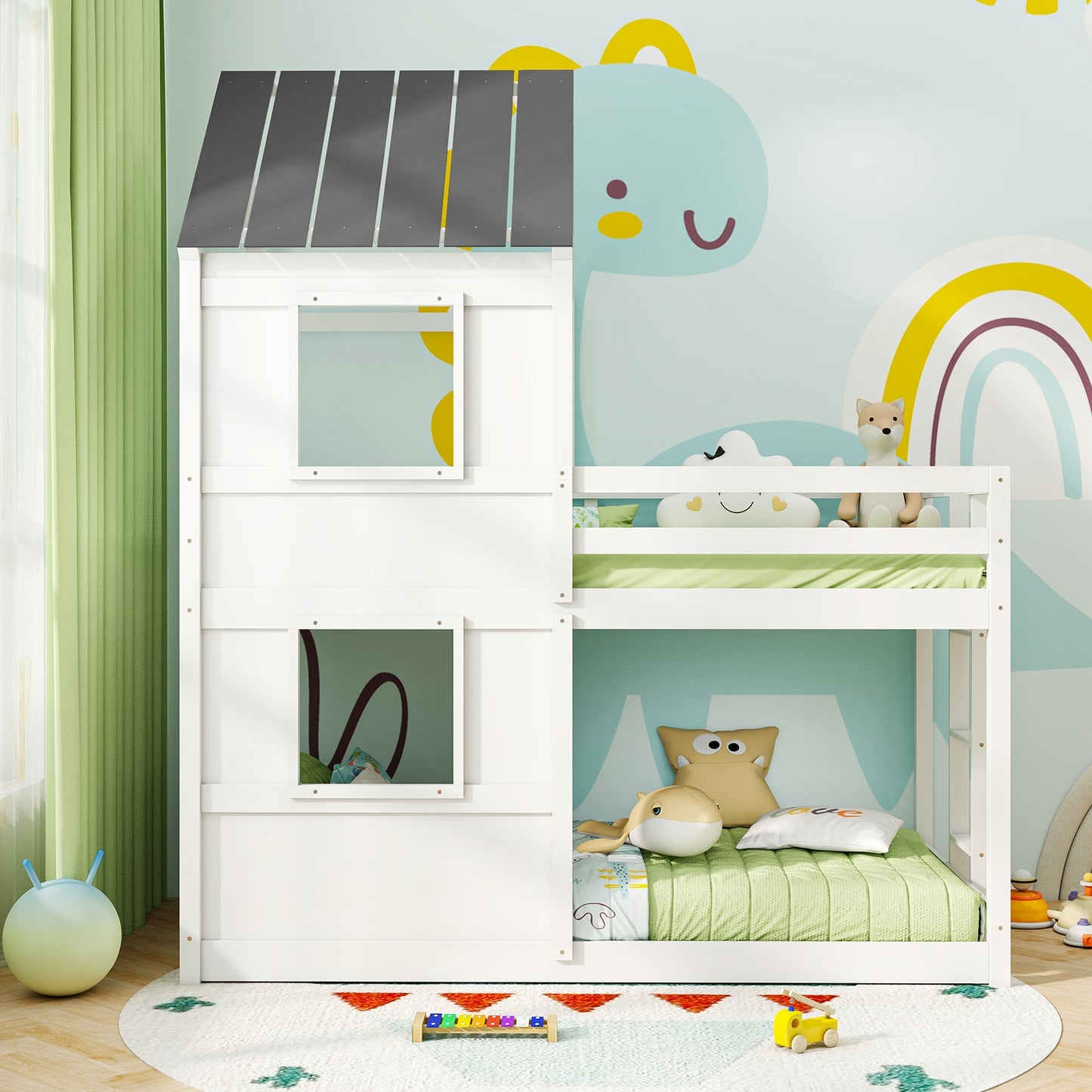 Solid Wood Twin Over Twin Bunk Bed with Full-Length Safety Guardrail and Sturdy Ladder
