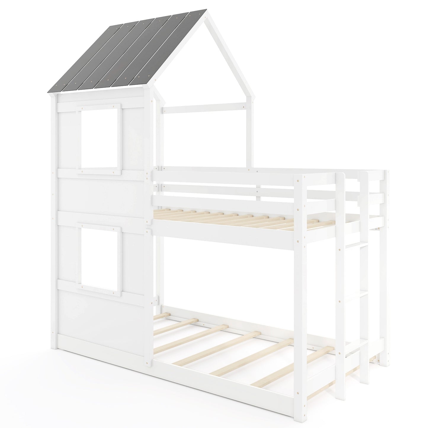 Solid Wood Twin Over Twin Bunk Bed with Full-Length Safety Guardrail and Sturdy Ladder