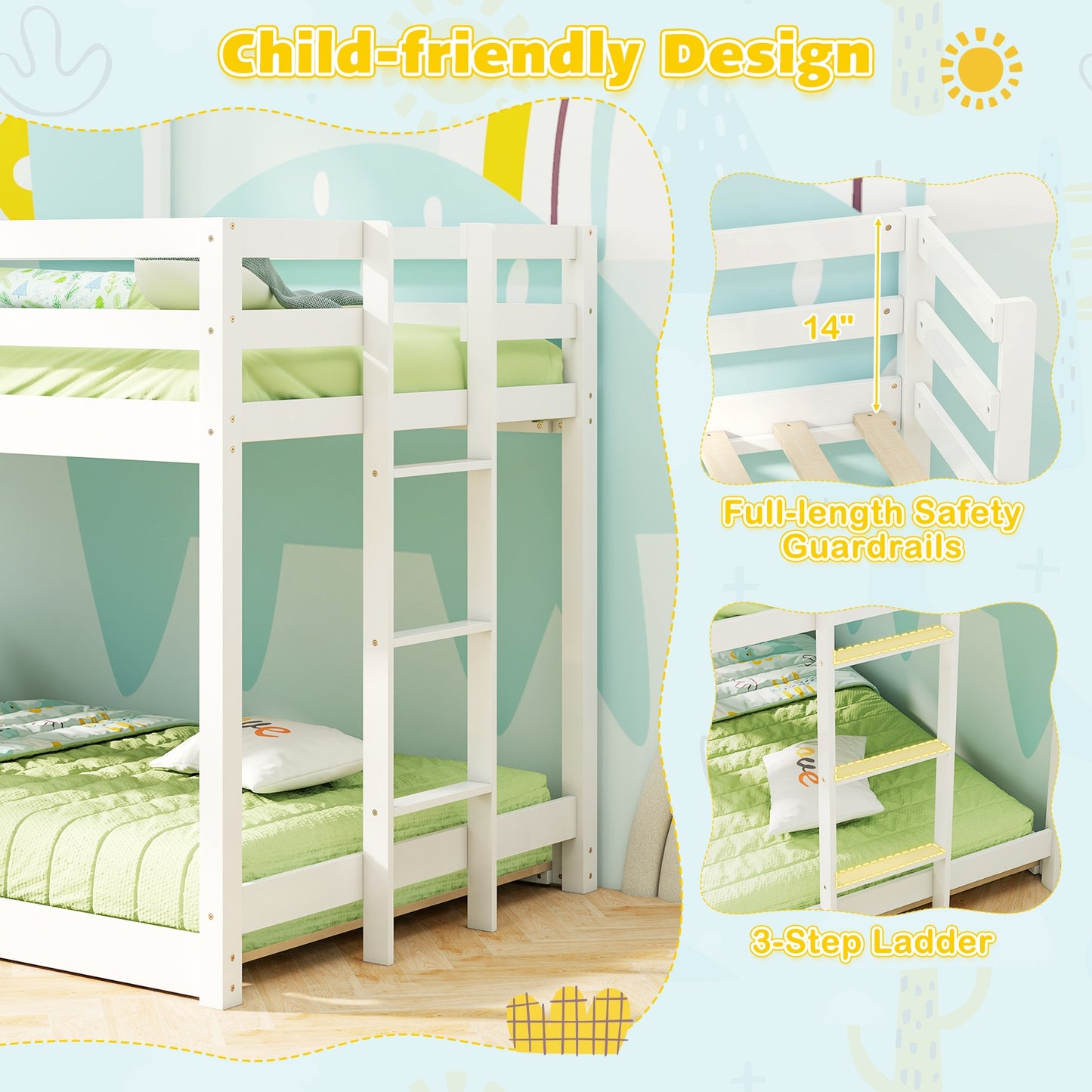 Solid Wood Twin Over Twin Bunk Bed with Full-Length Safety Guardrail and Sturdy Ladder