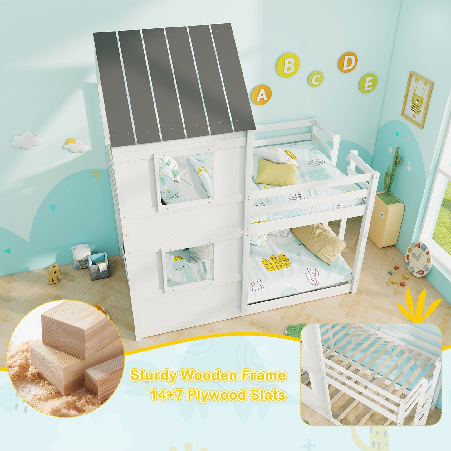 Solid Wood Twin Over Twin Bunk Bed with Full-Length Safety Guardrail and Sturdy Ladder