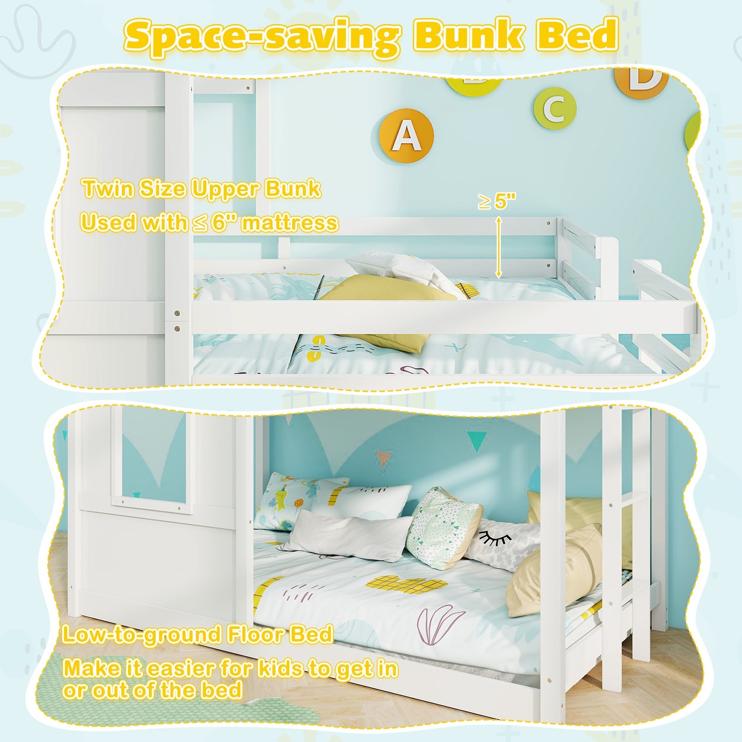 Solid Wood Twin Over Twin Bunk Bed with Full-Length Safety Guardrail and Sturdy Ladder