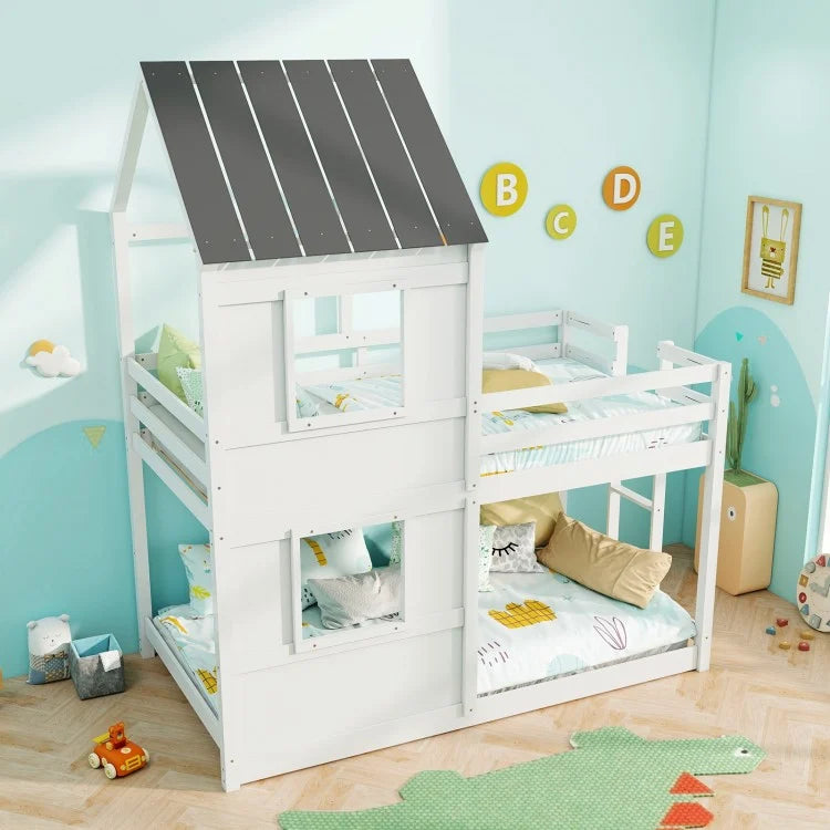 Solid Wood Twin Over Twin Bunk Bed with Full-Length Safety Guardrail and Sturdy Ladder