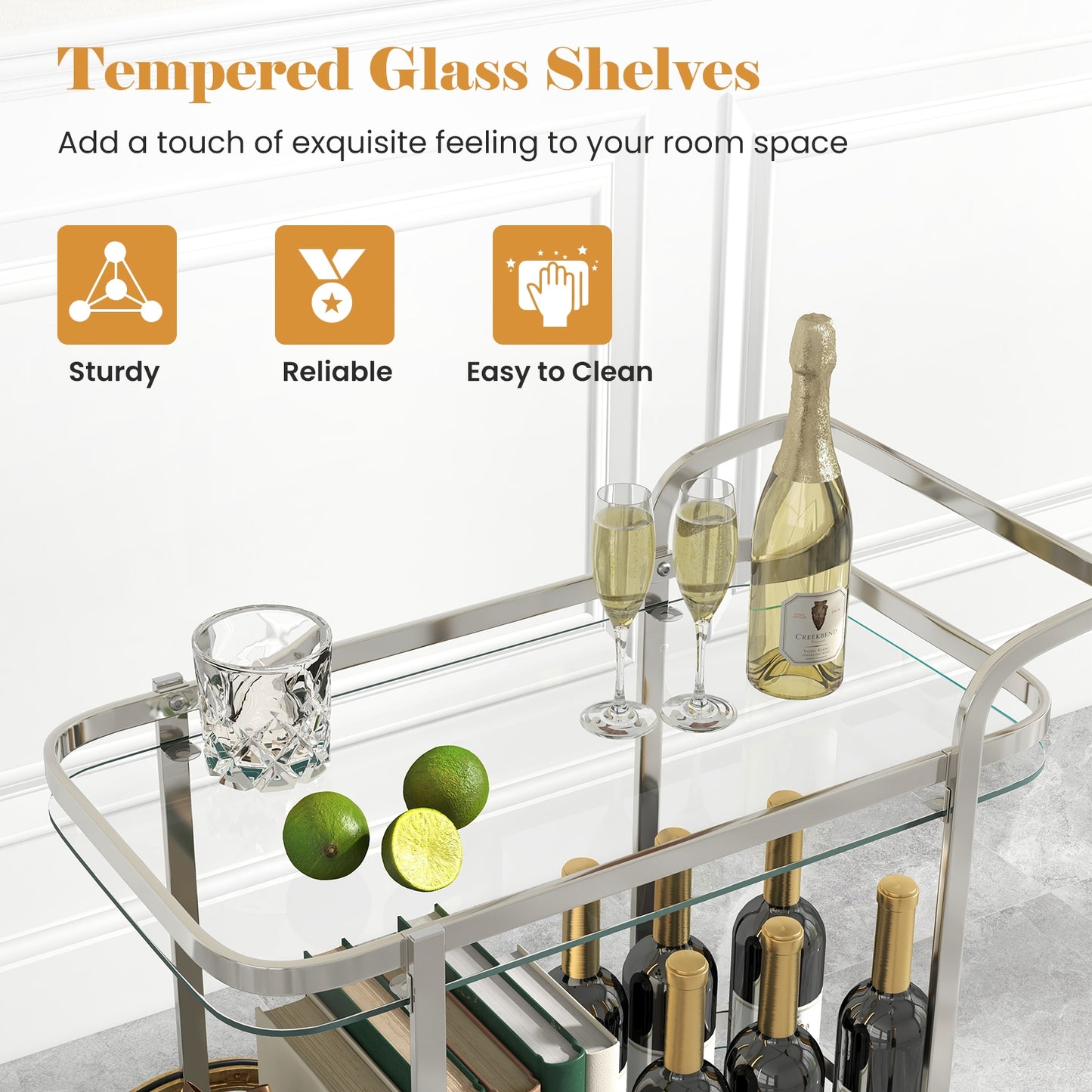 Elegant 2-Tier Tempered Glass Serving Cart with Stainless Steel Frame and Smooth Rolling Wheels