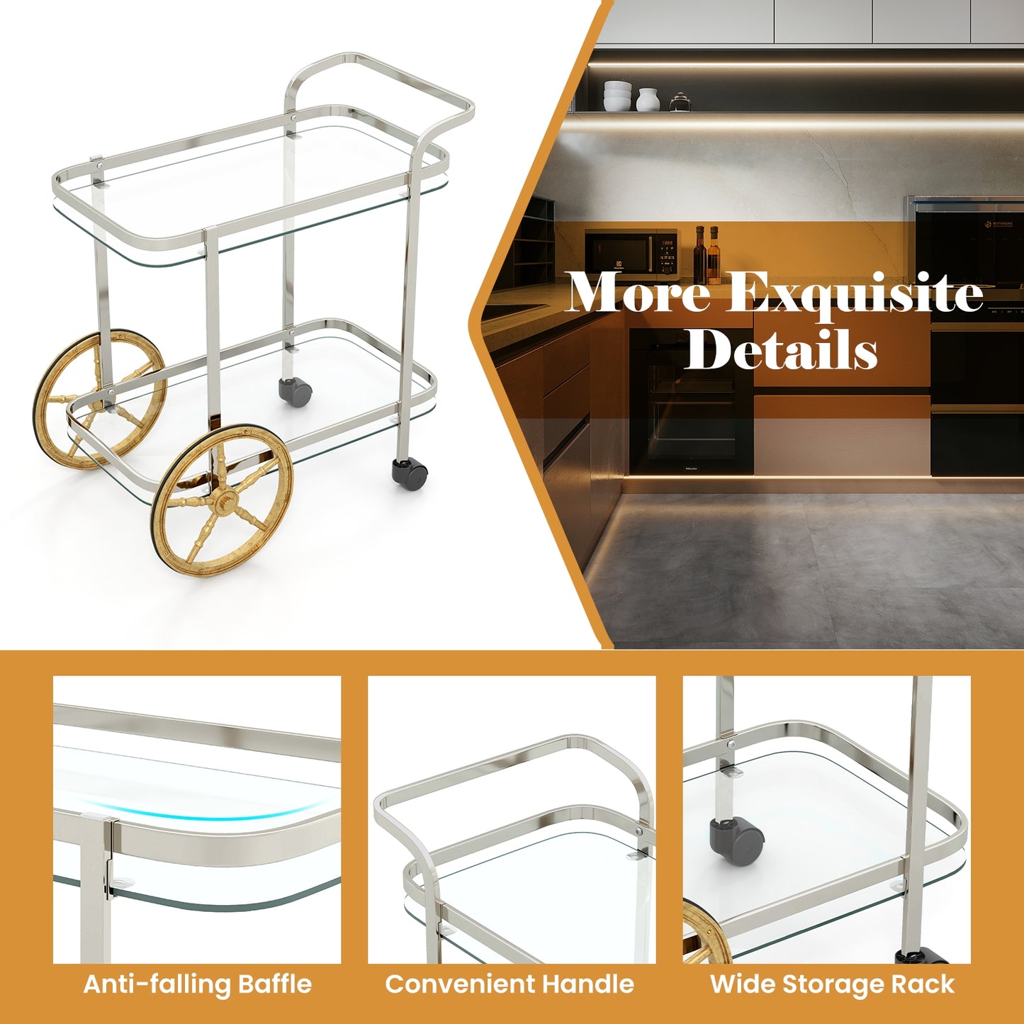 Elegant 2-Tier Tempered Glass Serving Cart with Stainless Steel Frame and Smooth Rolling Wheels