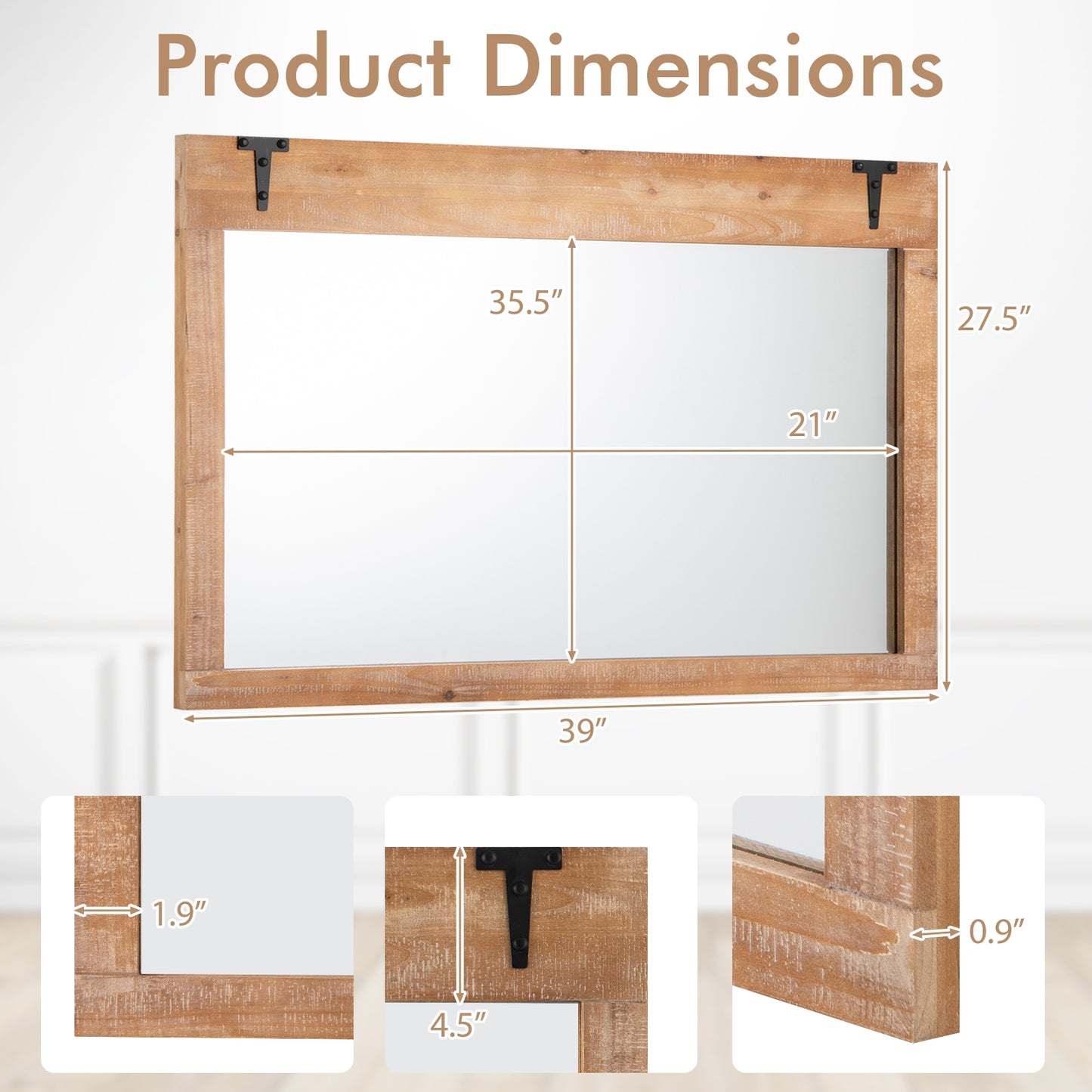 39 x 27.5 Inch Farmhouse Barn Door Wall Mirror with Solid Wood Frame – Rustic Decorative Mirror