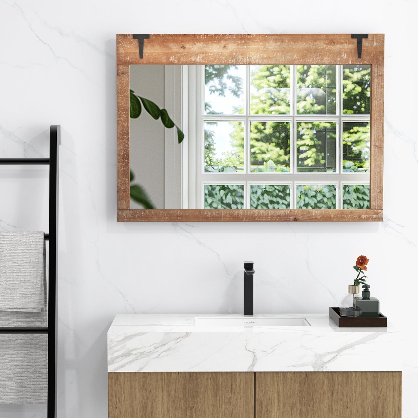 39 x 27.5 Inch Farmhouse Barn Door Wall Mirror with Solid Wood Frame – Rustic Decorative Mirror