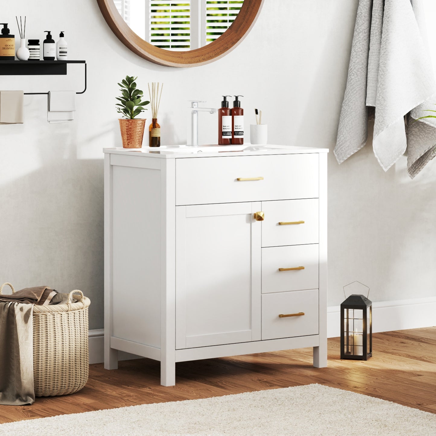 30 Inch Modern Bathroom Vanity with Ceramic Sink, 2 Drawers, and Adjustable Shelf