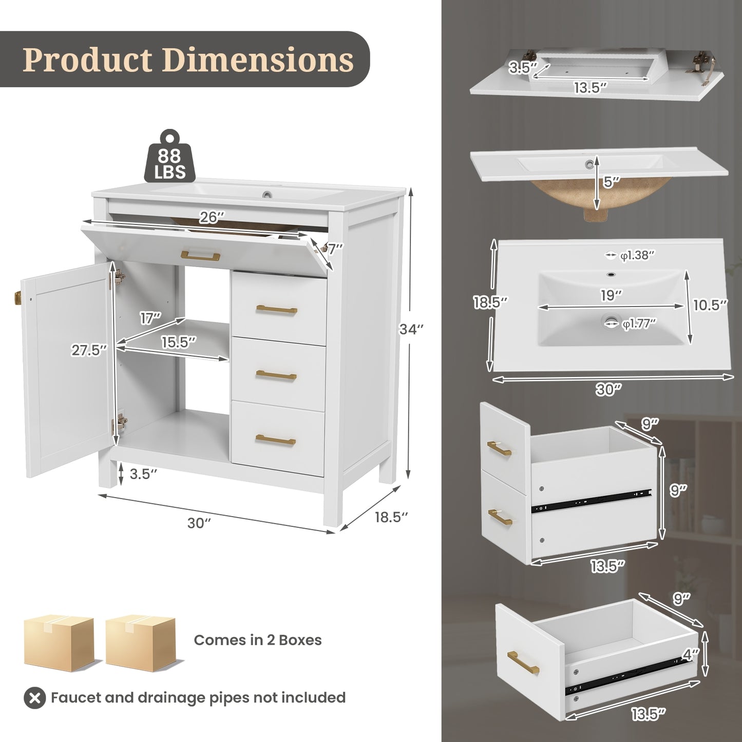 30 Inch Modern Bathroom Vanity with Ceramic Sink, 2 Drawers, and Adjustable Shelf