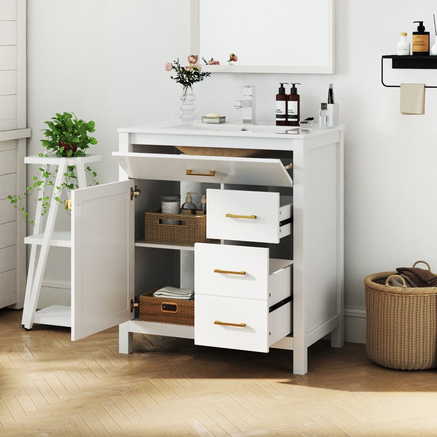 30 Inch Modern Bathroom Vanity with Ceramic Sink, 2 Drawers, and Adjustable Shelf