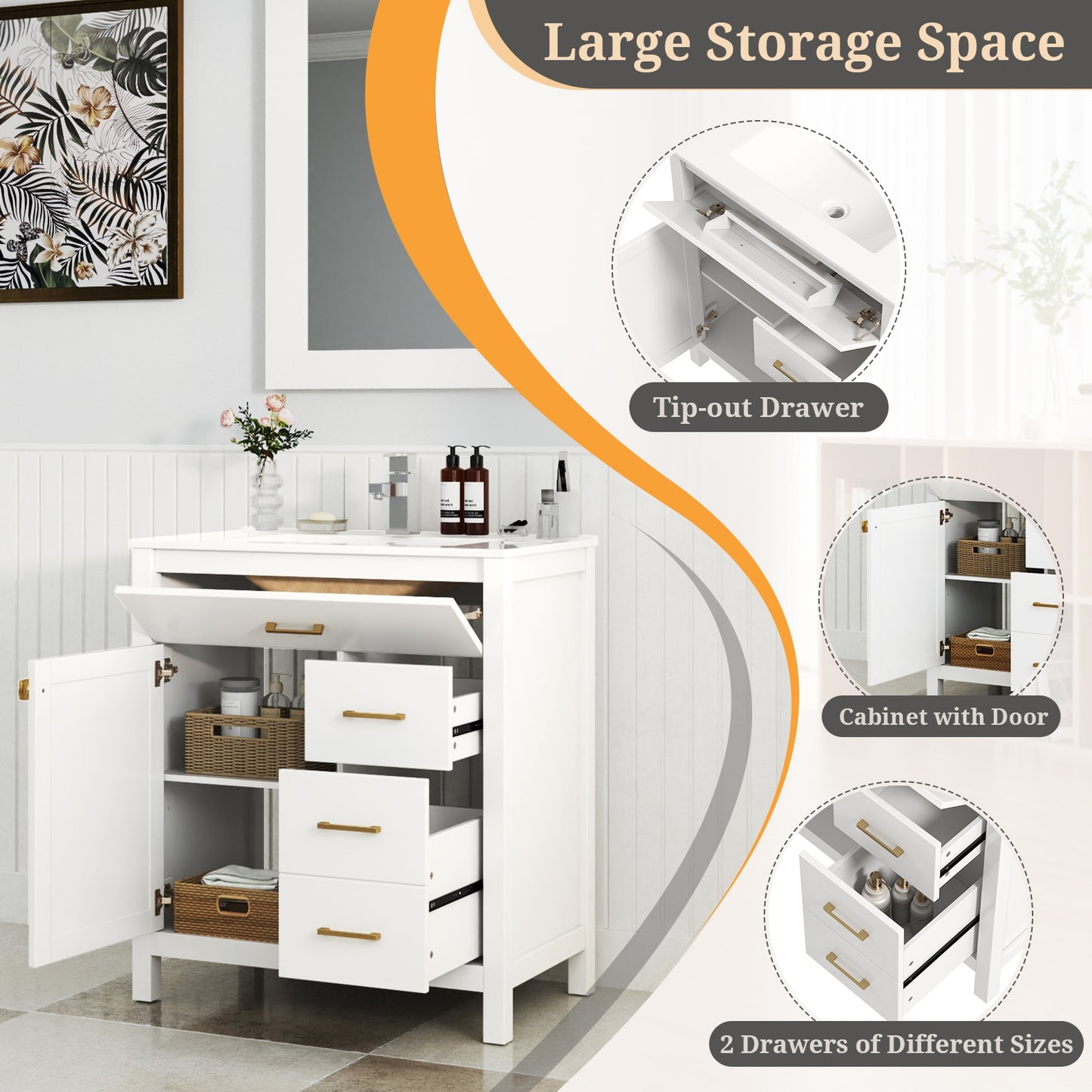 30 Inch Modern Bathroom Vanity with Ceramic Sink, 2 Drawers, and Adjustable Shelf