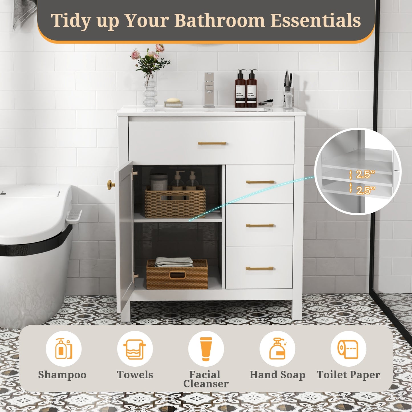 30 Inch Modern Bathroom Vanity with Ceramic Sink, 2 Drawers, and Adjustable Shelf