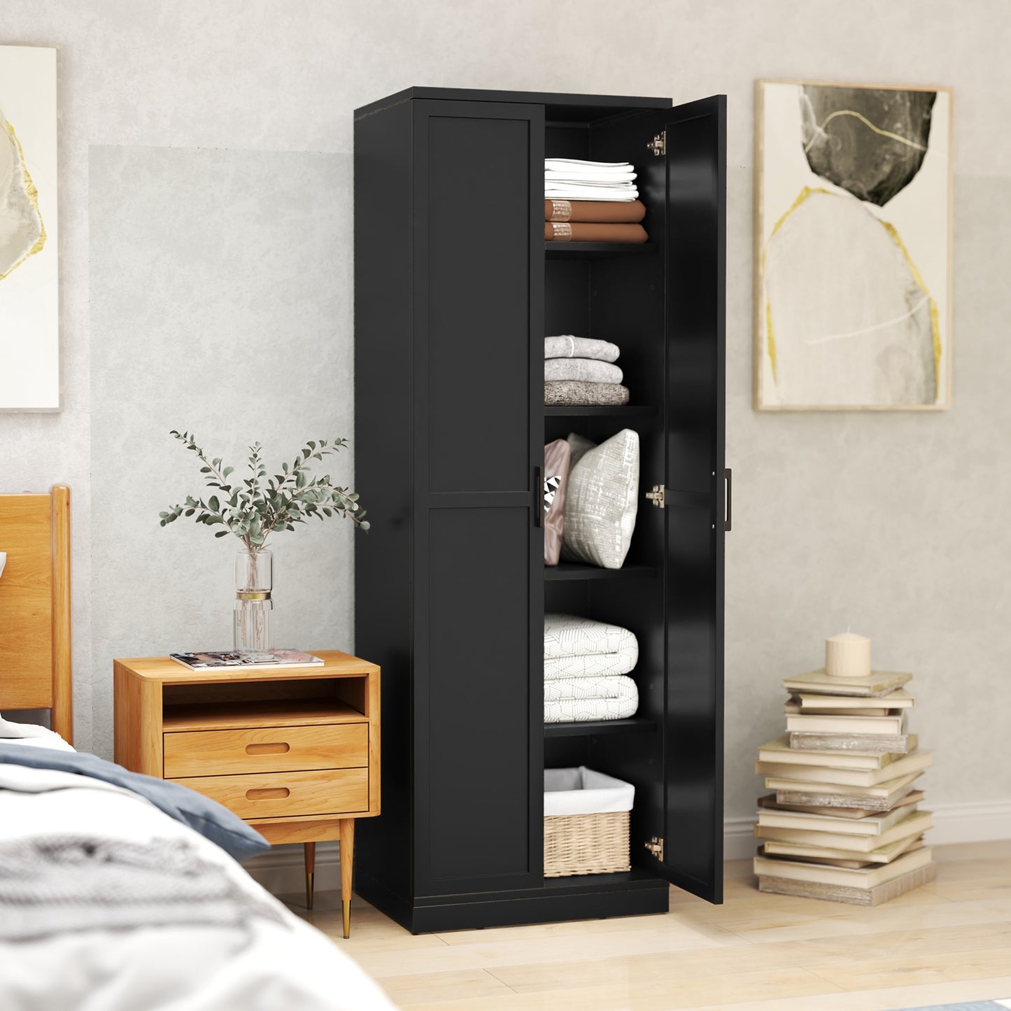 70 Inch Freestanding Storage Cabinet with Adjustable Shelves and Double Doors - Black