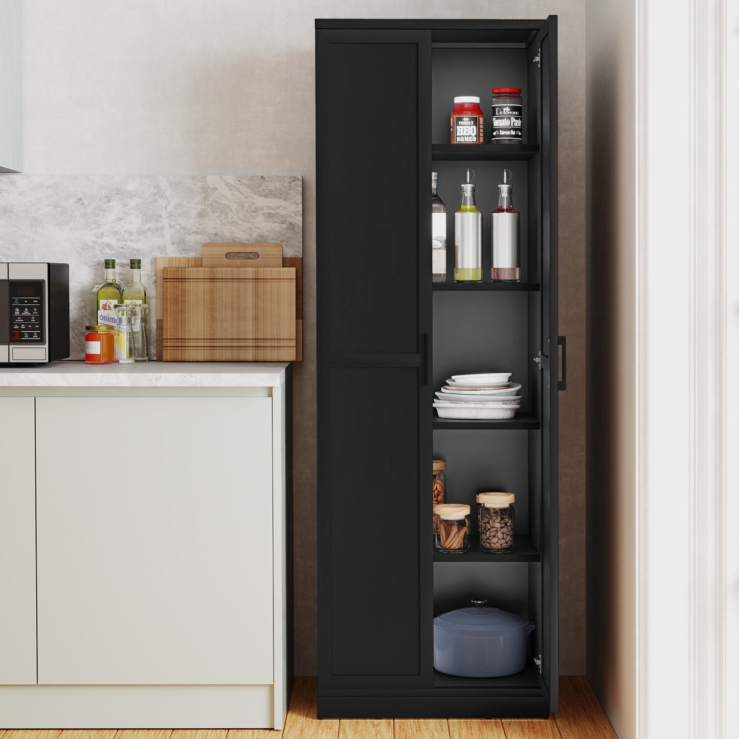 70 Inch Tall Freestanding Storage Cabinet with 2 Doors, 5 Shelves, and Adjustable Storage - Black
