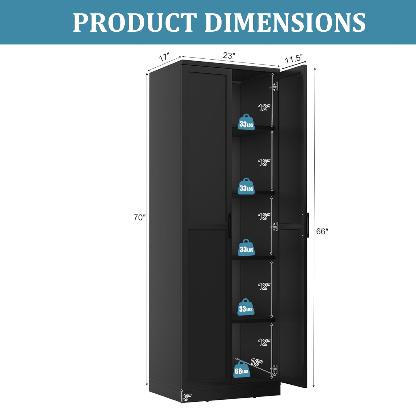 70 Inch Freestanding Storage Cabinet with Adjustable Shelves and Double Doors - Black