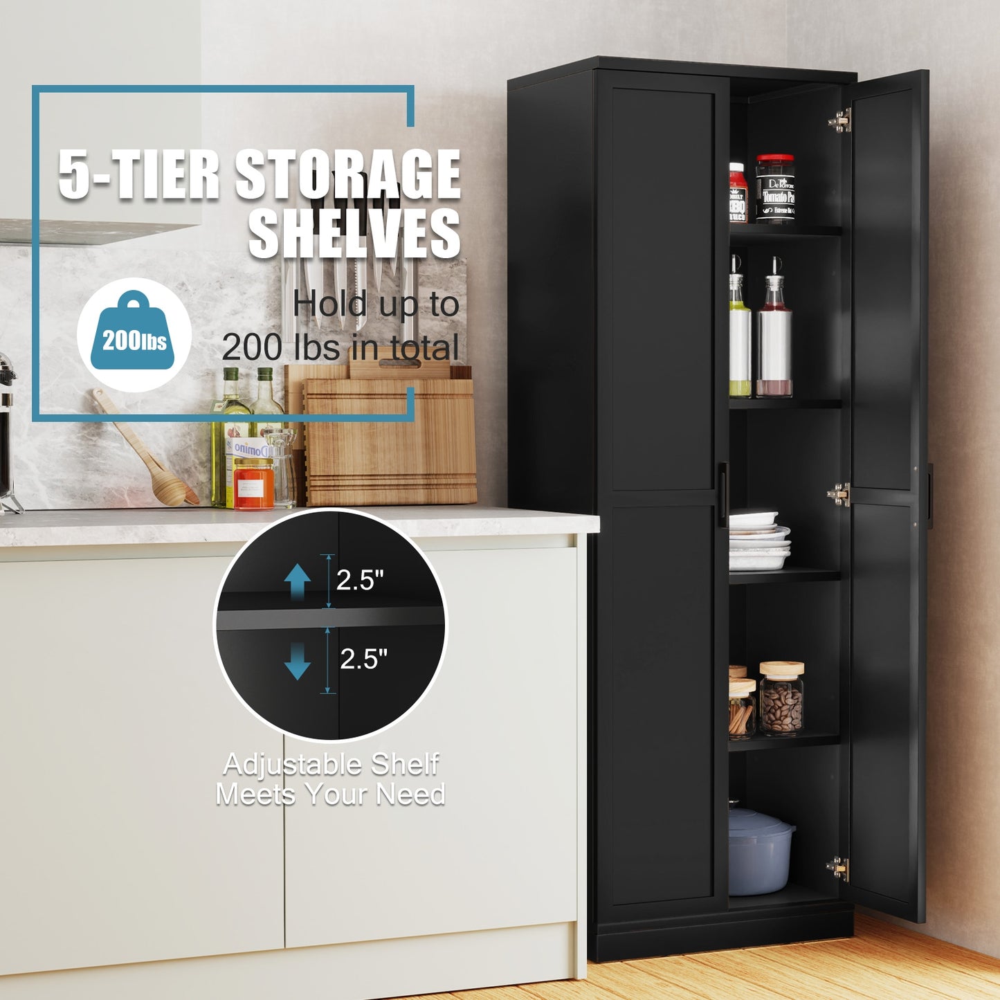 70 Inch Tall Freestanding Storage Cabinet with 2 Doors, 5 Shelves, and Adjustable Storage - Black