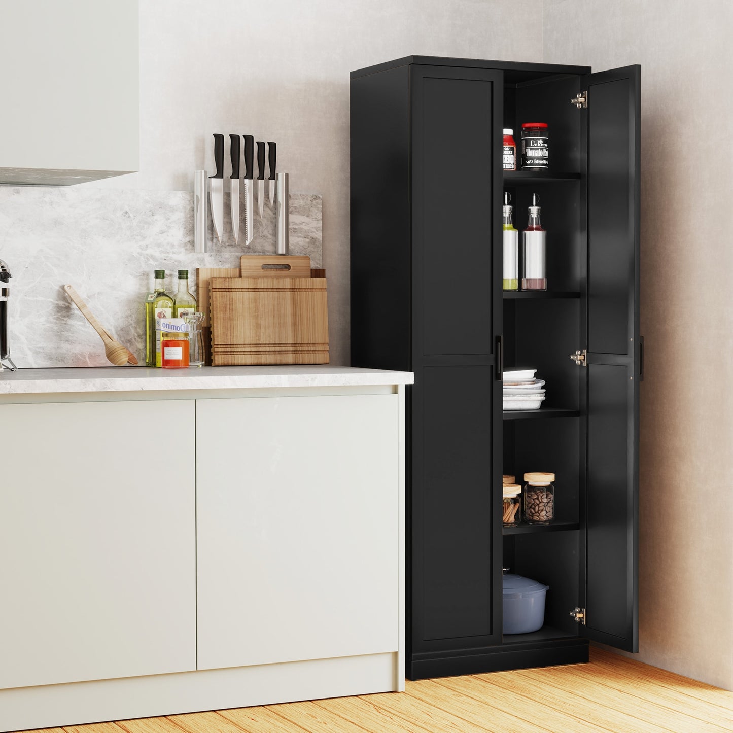 70 Inch Tall Freestanding Storage Cabinet with 2 Doors, 5 Shelves, and Adjustable Storage - Black