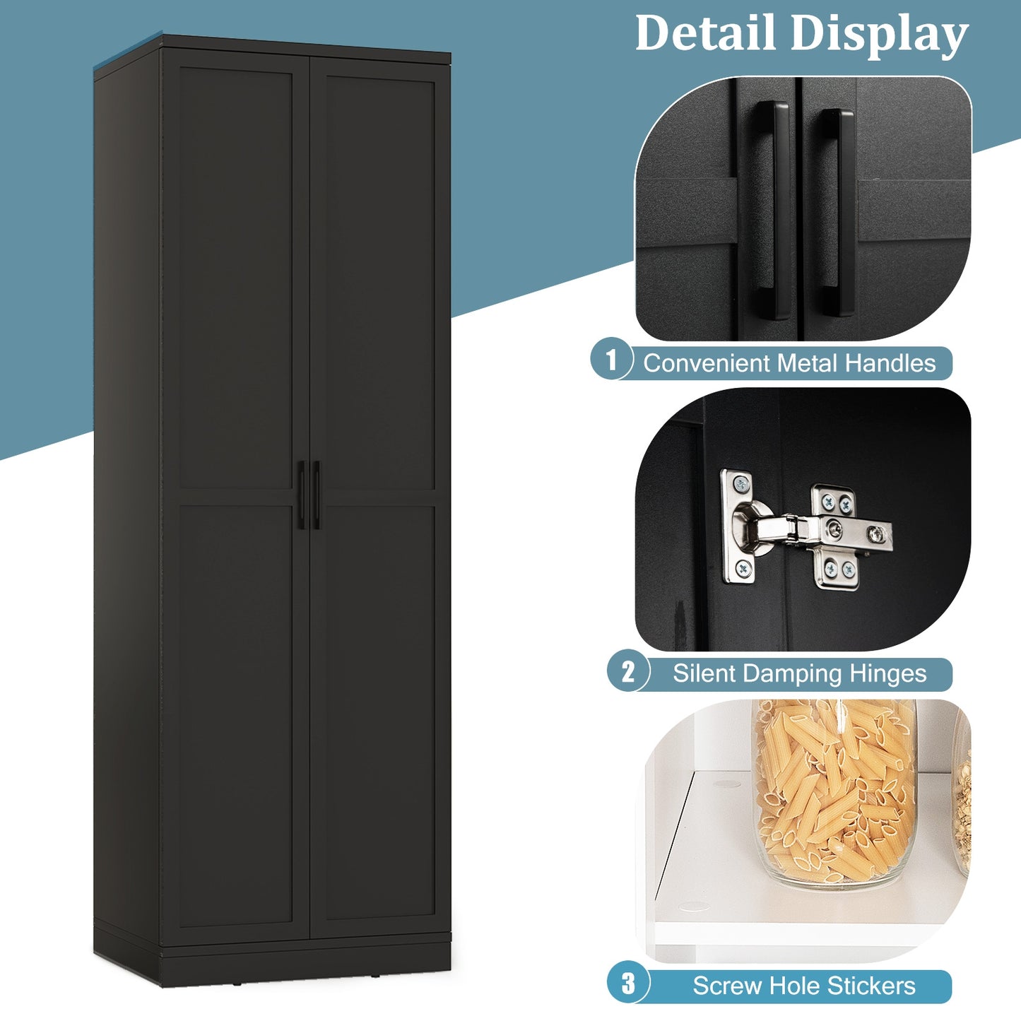 70 Inch Tall Freestanding Storage Cabinet with 2 Doors, 5 Shelves, and Adjustable Storage - Black