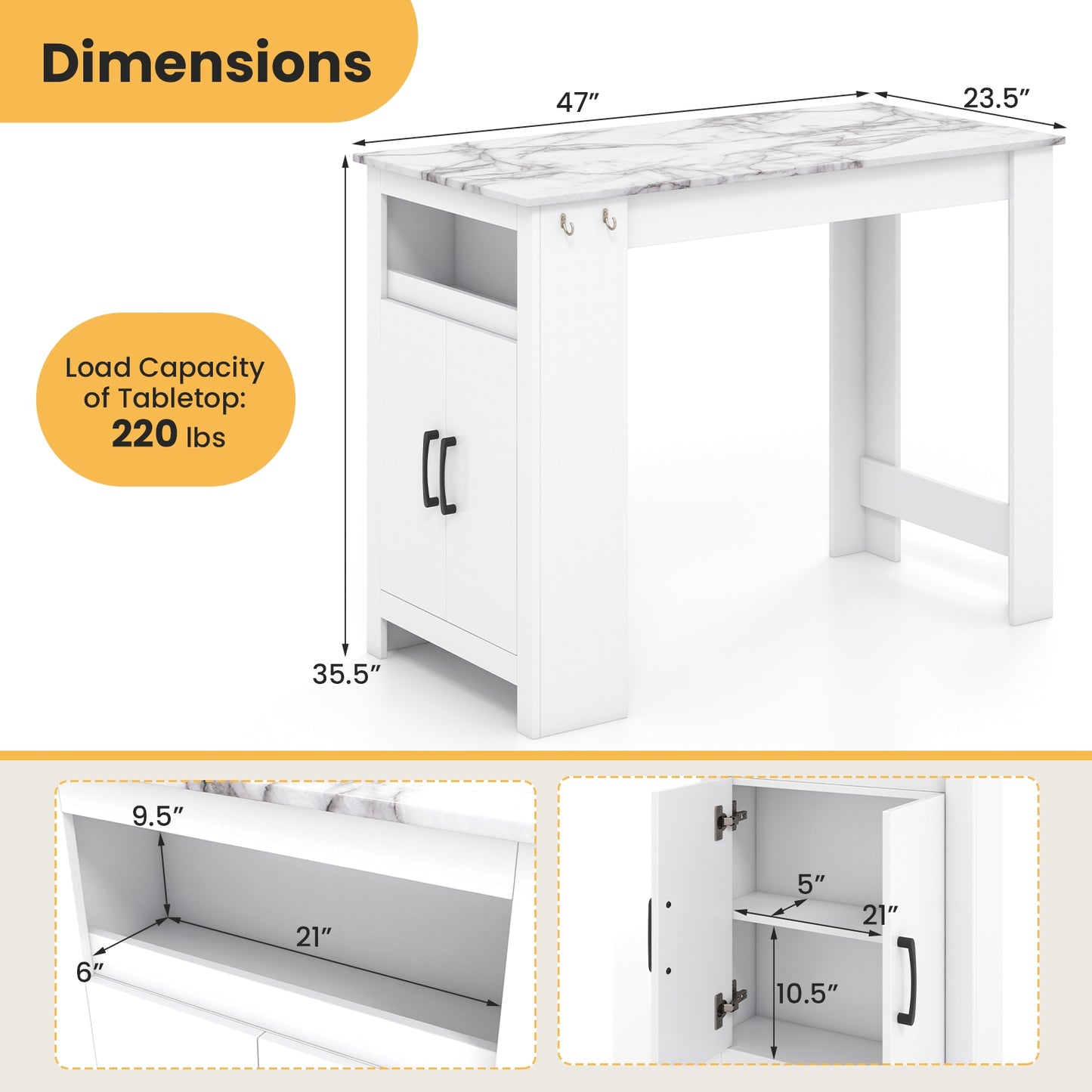 Faux Marble Bar Table with Storage Cabinet Hooks and Open Shelf for Dining or Kitchen