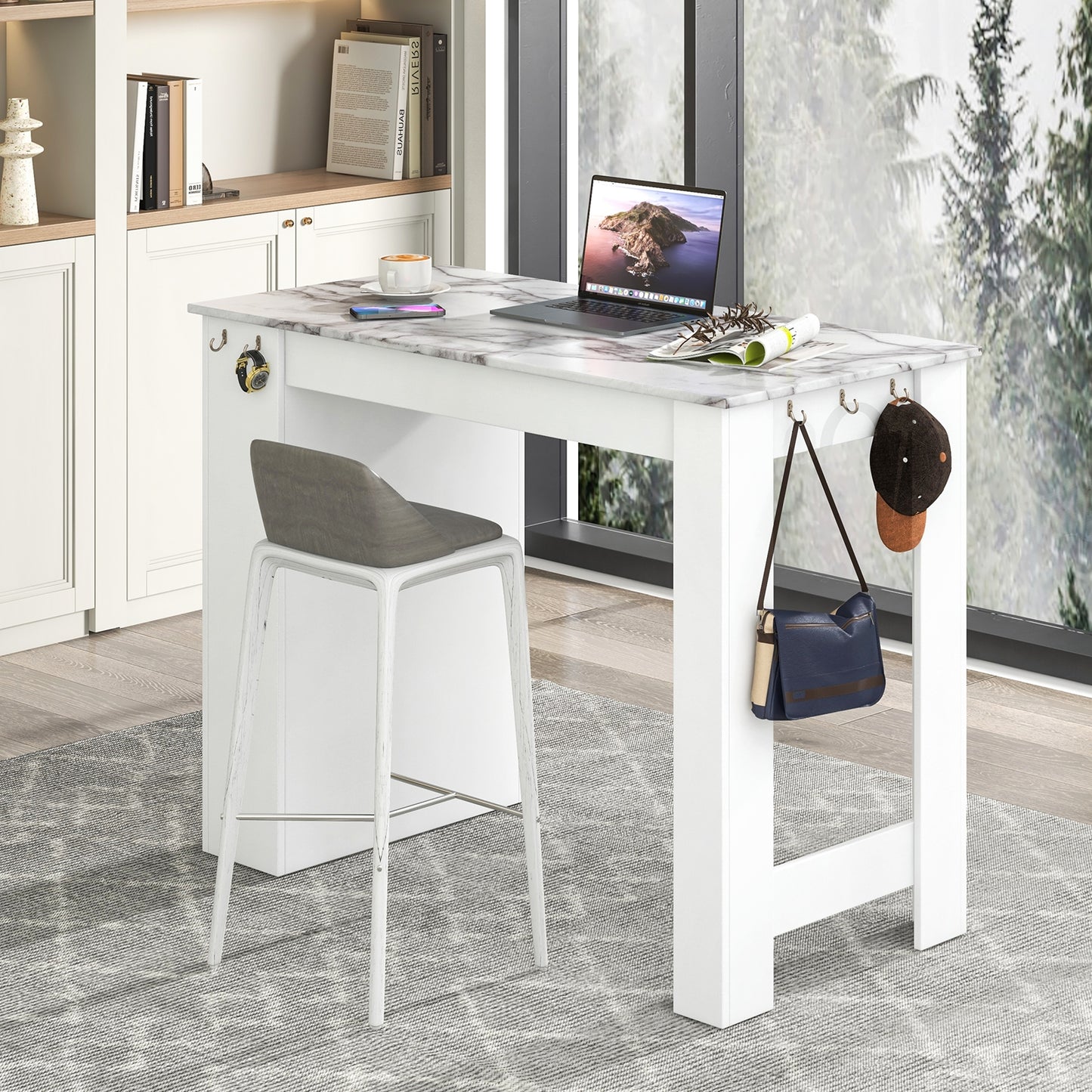 Faux Marble Bar Table with Storage Cabinet Hooks and Open Shelf for Dining or Kitchen