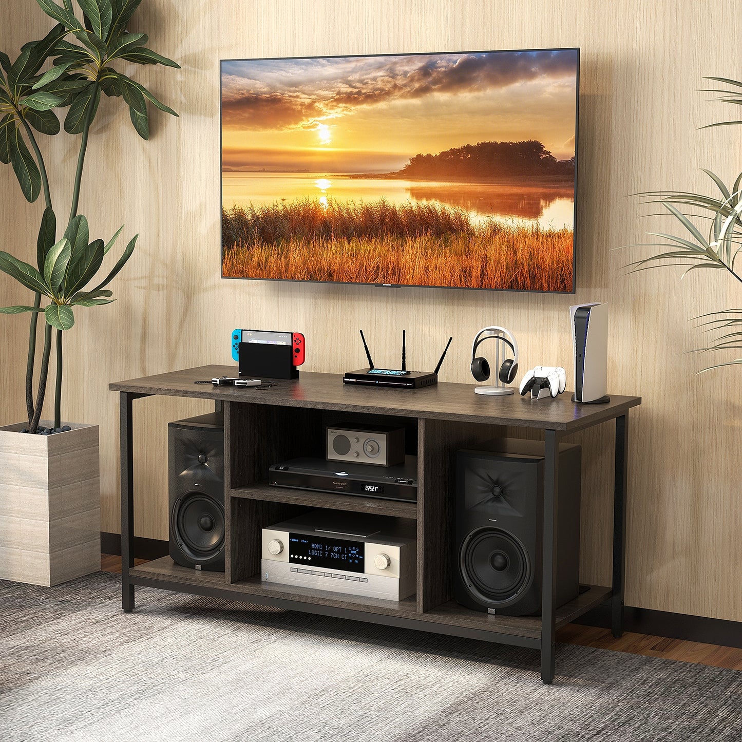 Modern TV Stand with Adjustable Shelves and Built-In Power and USB Charging Ports for TVs up to 50 Inches