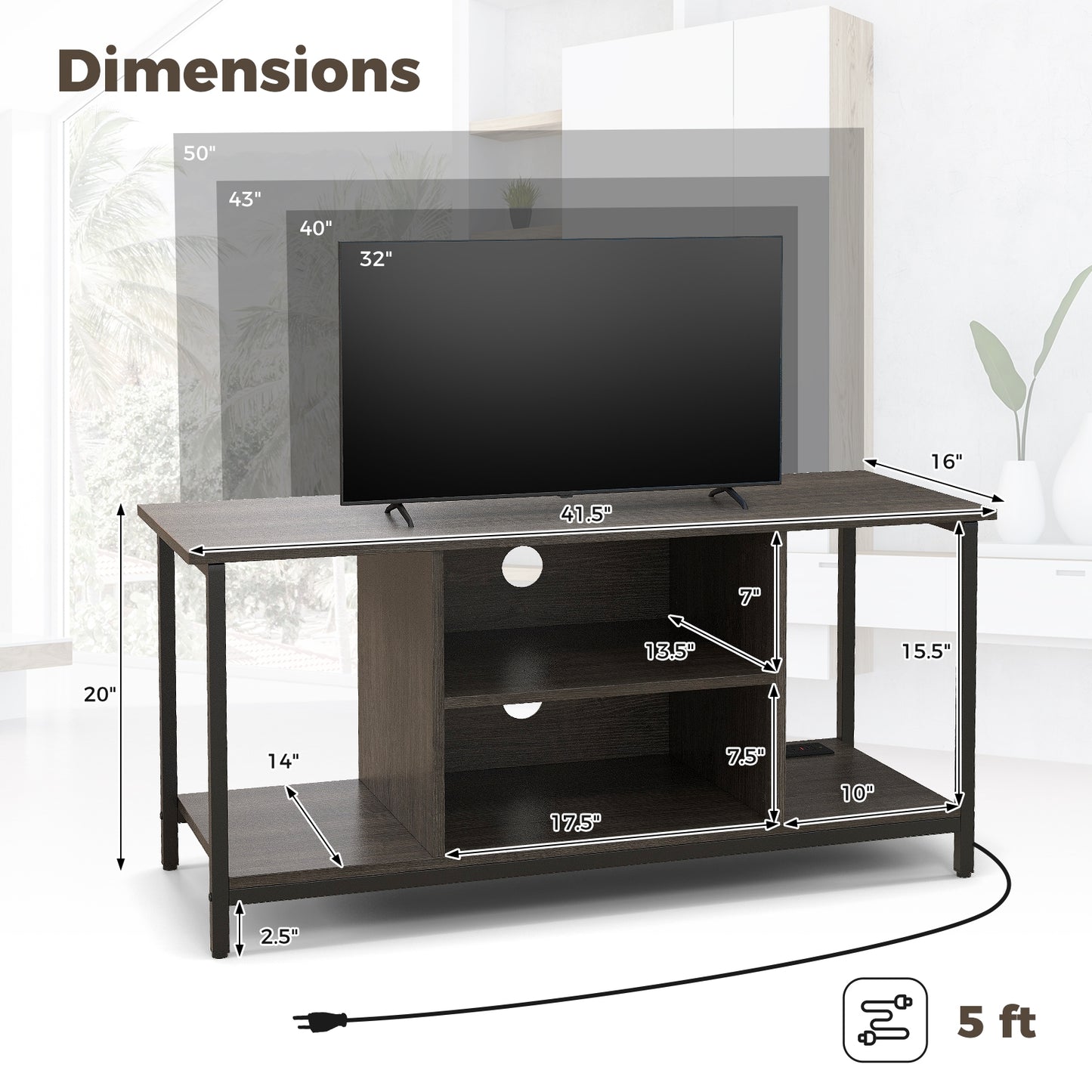 Modern TV Stand with Adjustable Shelves and Built-In Power and USB Charging Ports for TVs up to 50 Inches