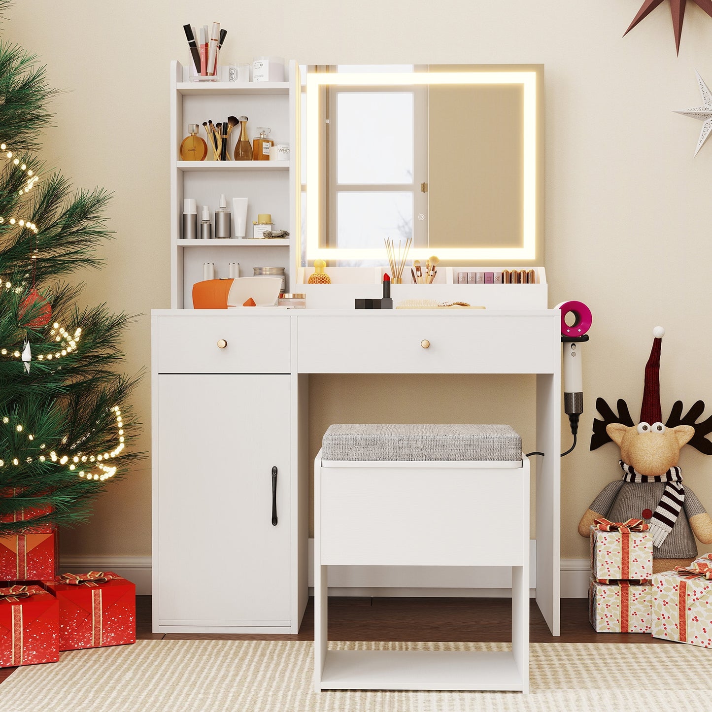 Lighted Makeup Vanity Desk with Mirror and Chair – White