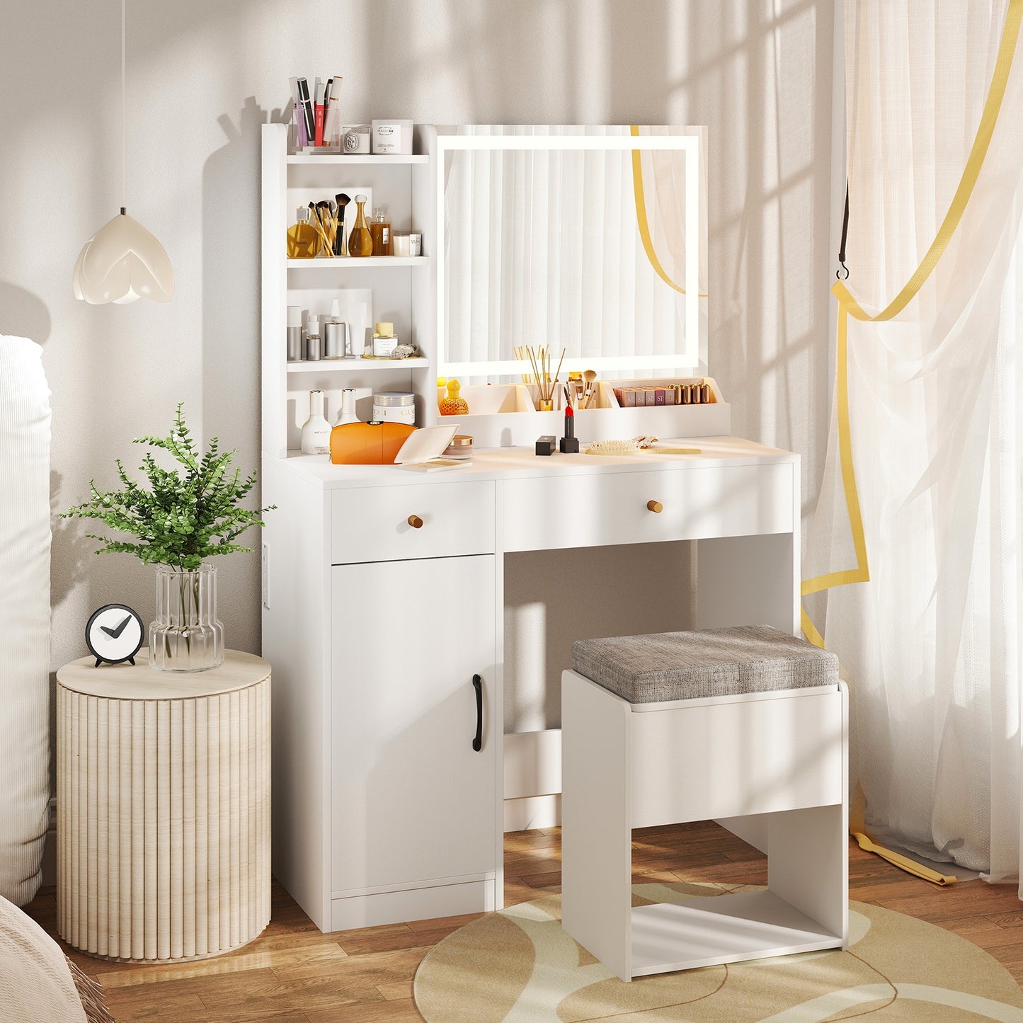 Lighted Makeup Vanity Desk with Mirror and Chair – White