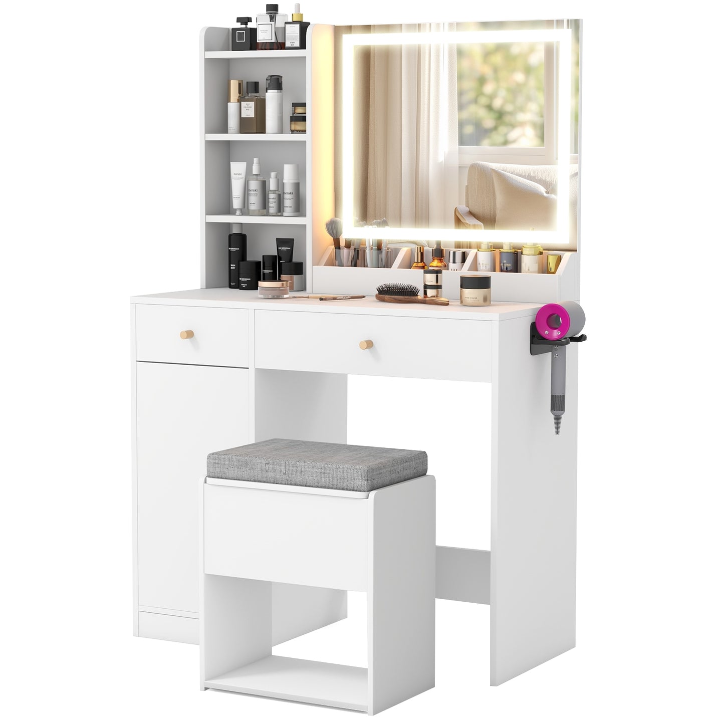 Lighted Makeup Vanity Desk with Mirror and Chair – White