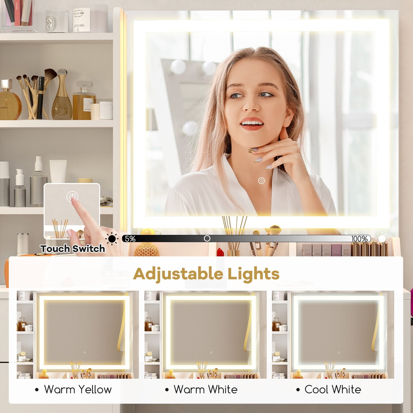 Lighted Makeup Vanity Desk with Mirror and Chair – White