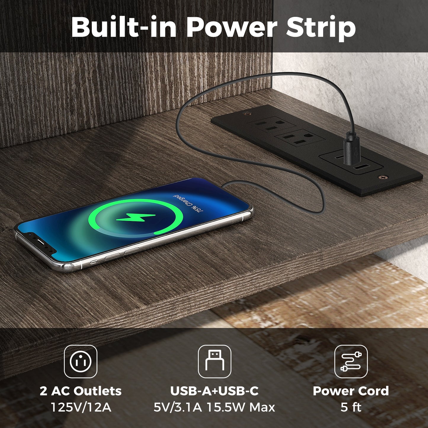 Modern TV Stand with Adjustable Shelves and Built-In Power and USB Charging Ports for TVs up to 50 Inches