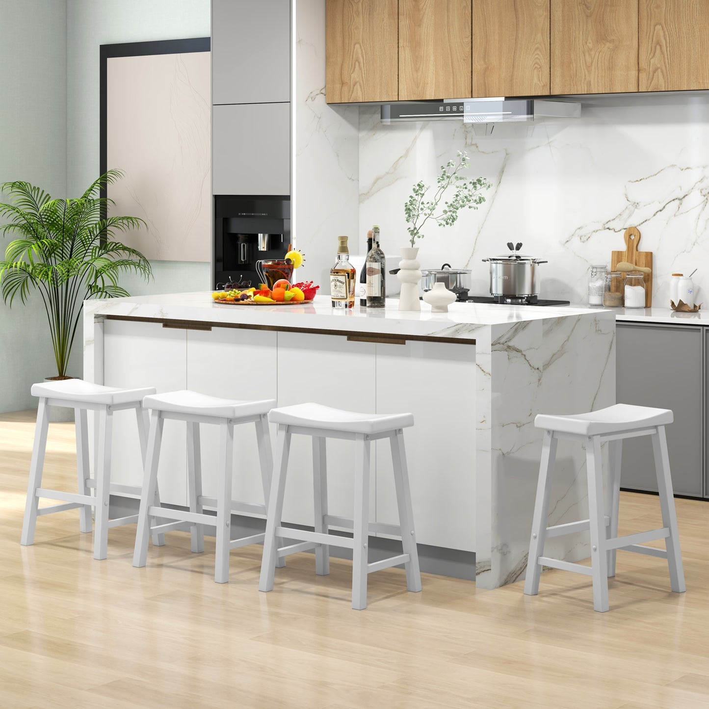 24 Inch Wooden Counter Stools Set of 2 with Curved White Seats and Footrests