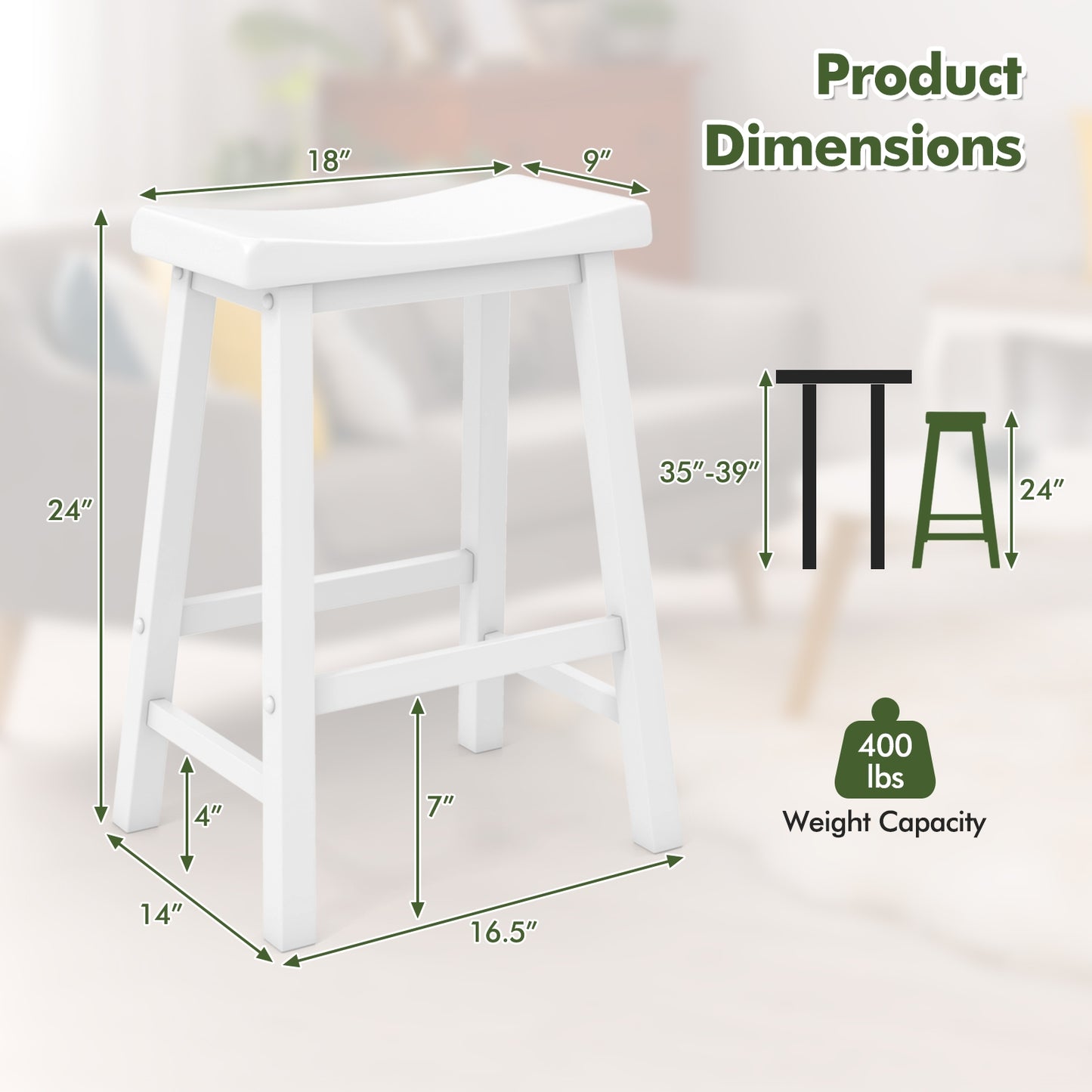 24 Inch Wooden Counter Stools Set of 2 with Curved White Seats and Footrests