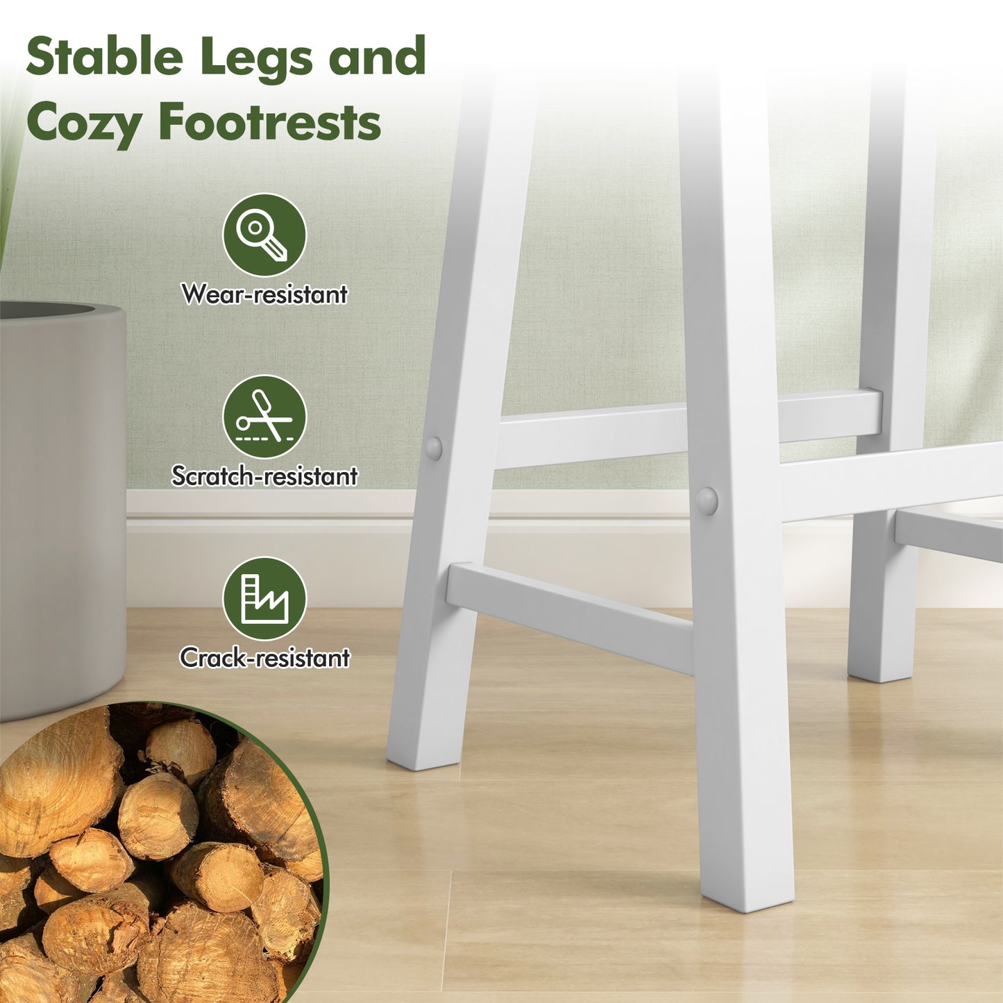 24 Inch Wooden Counter Stools Set of 2 with Curved White Seats and Footrests
