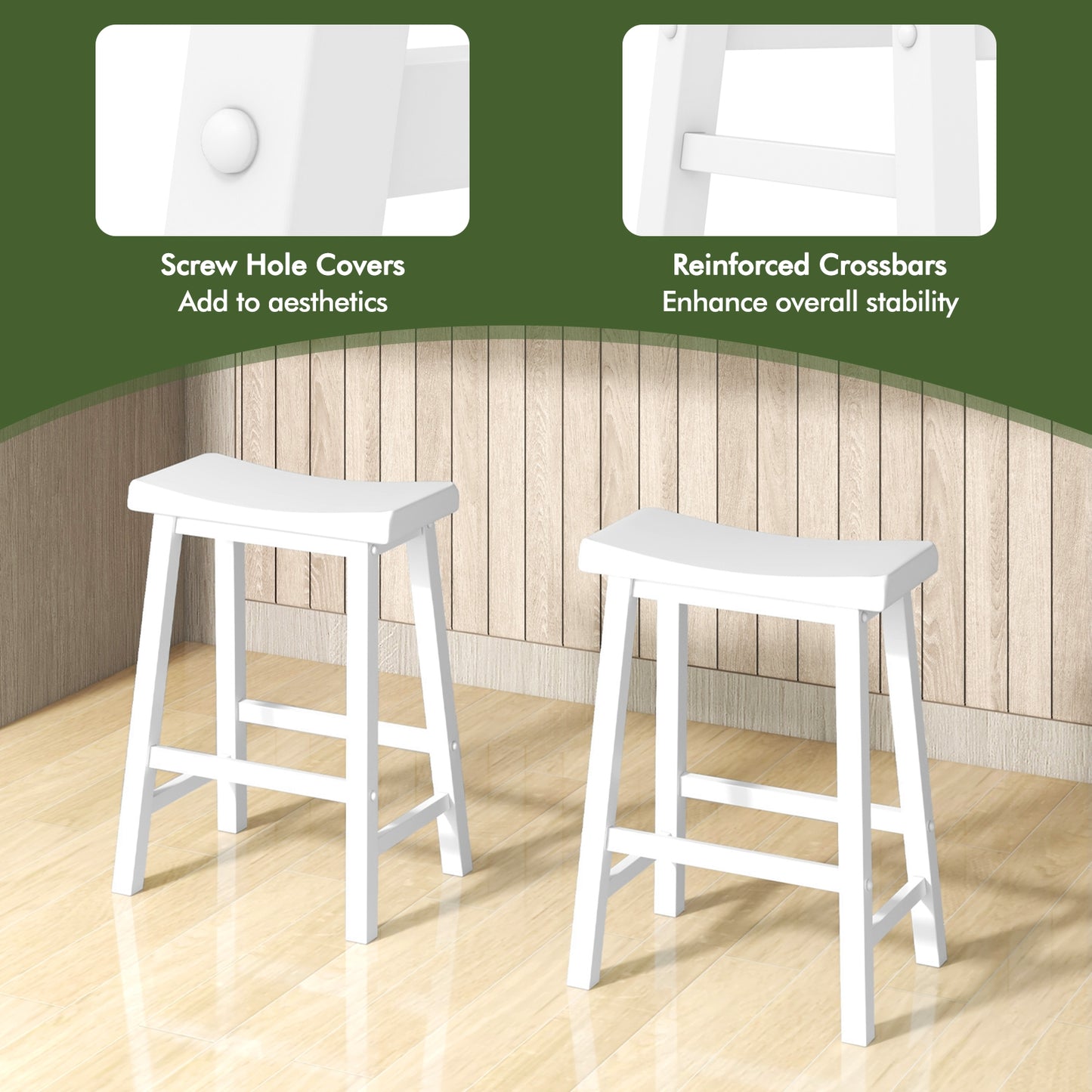 24 Inch Wooden Counter Stools Set of 2 with Curved White Seats and Footrests