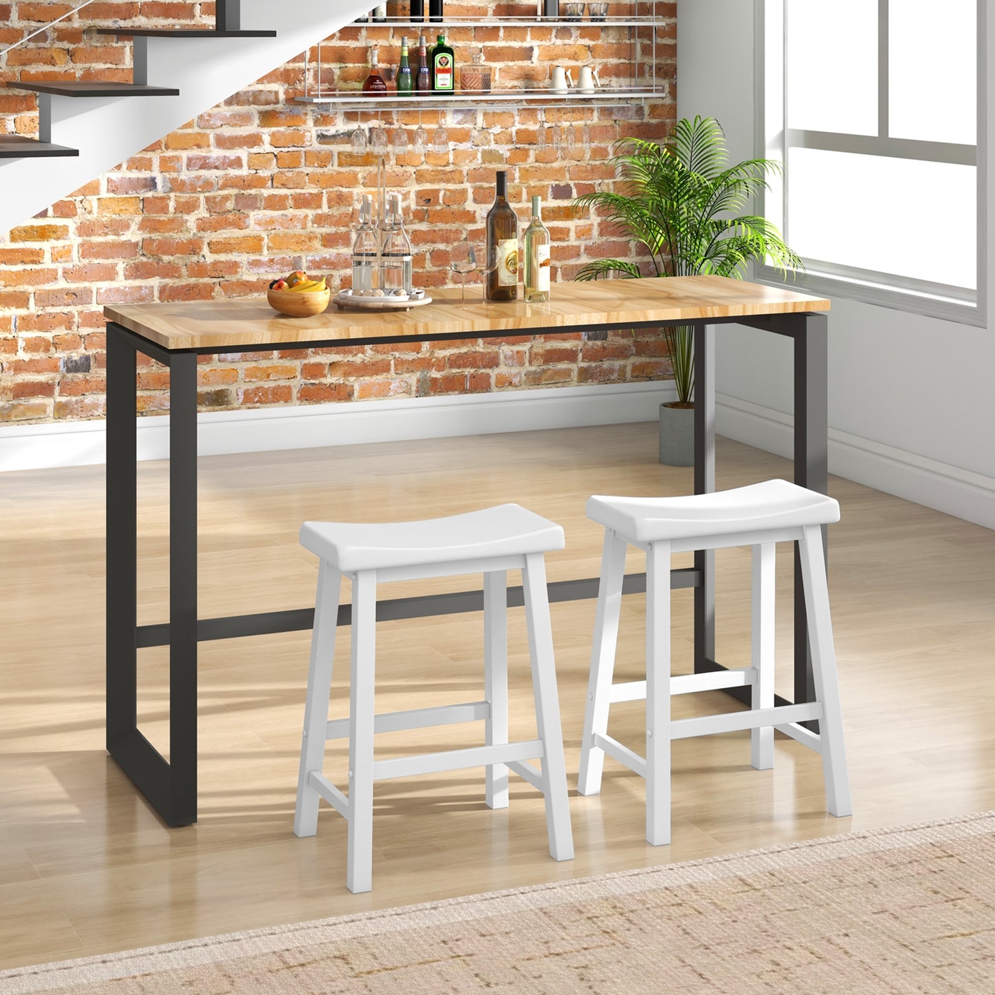 24 Inch Wooden Counter Stools Set of 2 with Curved White Seats and Footrests
