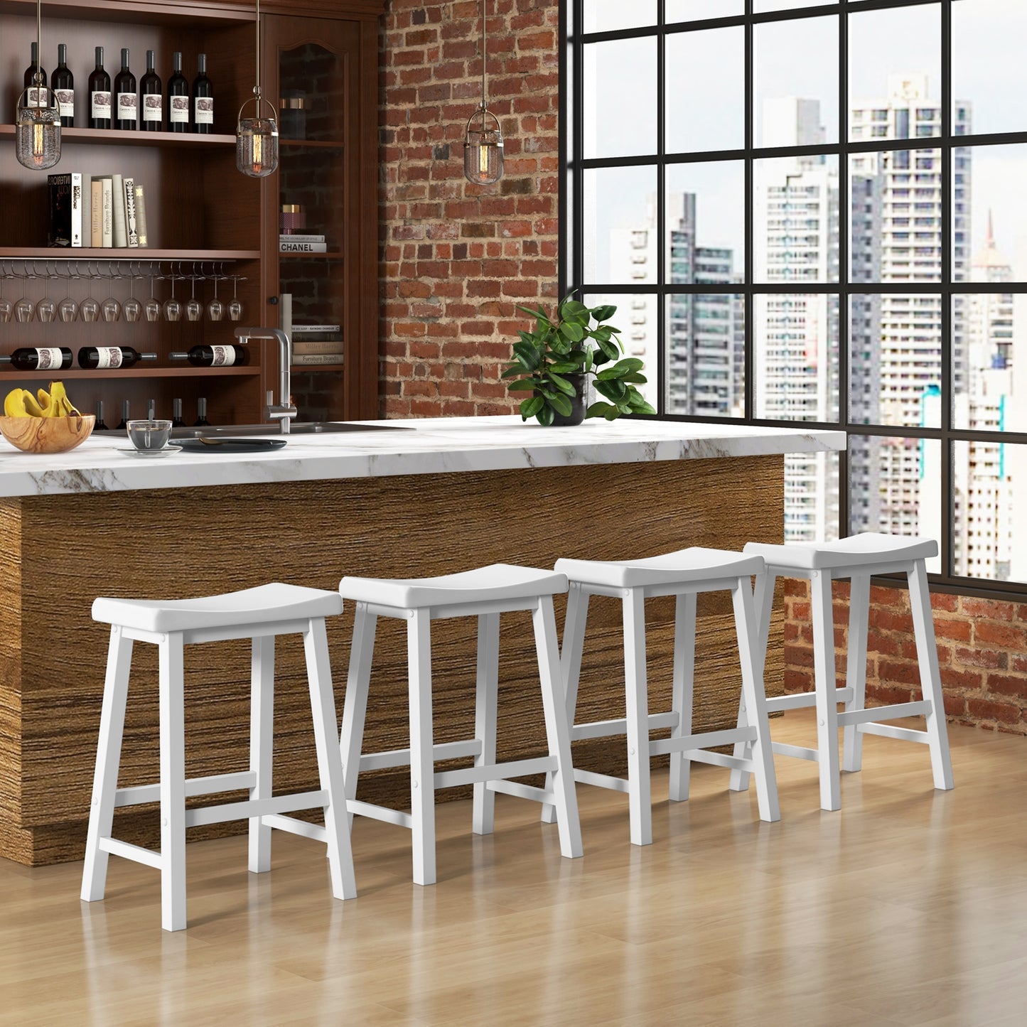 24 Inch Wooden Counter Stools Set of 2 with Curved White Seats and Footrests