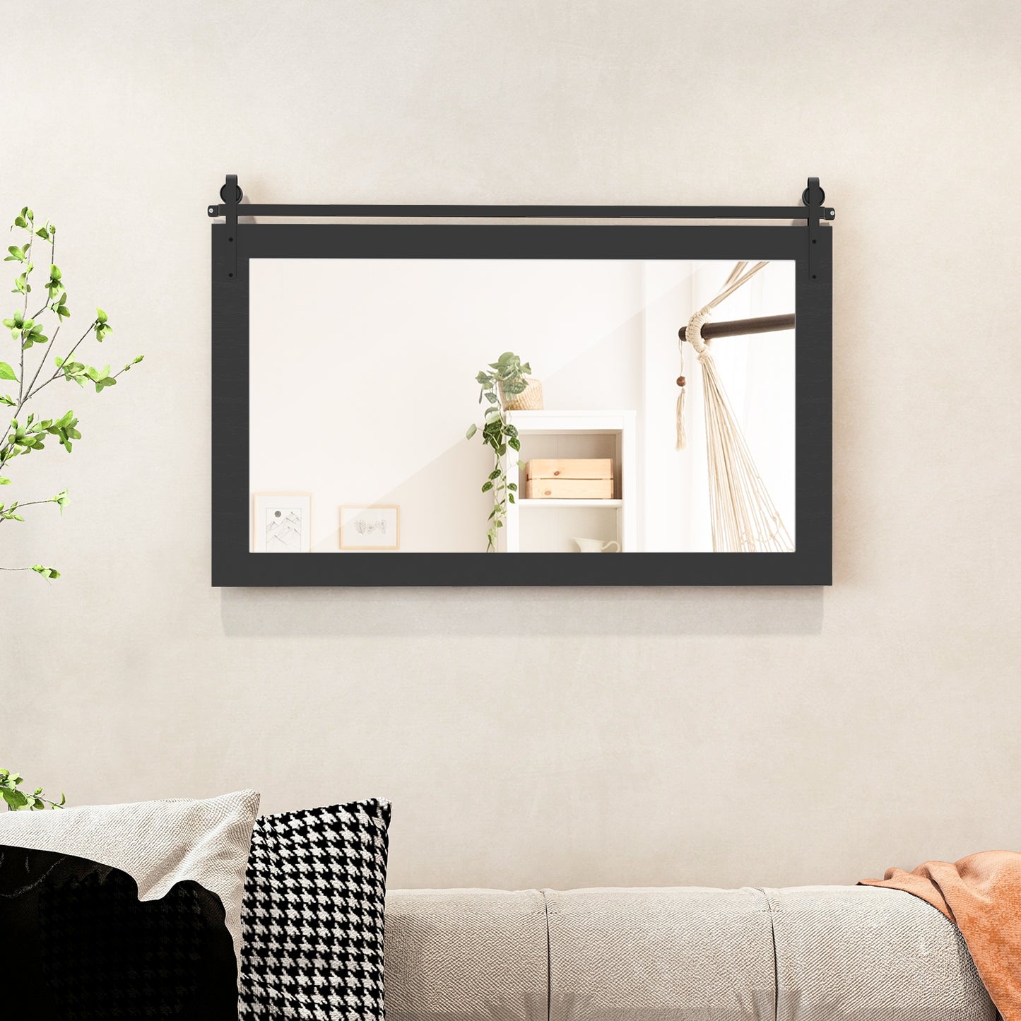 40 x 26 Inch Farmhouse Barn Door Style Wall Mirror with Solid Wood Frame and Metal Bracket - Black