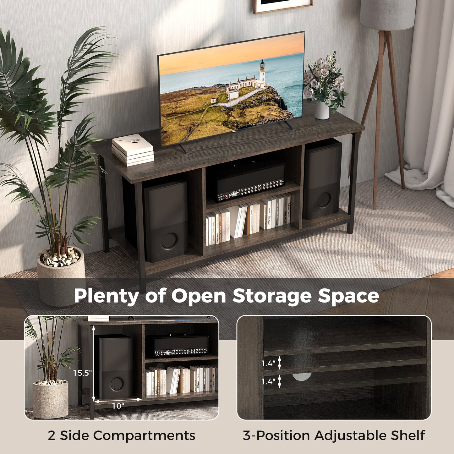 Modern TV Stand with Adjustable Shelves and Built-In Power and USB Charging Ports for TVs up to 50 Inches