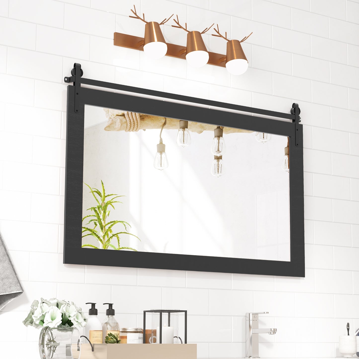 40 x 26 Inch Farmhouse Barn Door Style Wall Mirror with Solid Wood Frame and Metal Bracket - Black