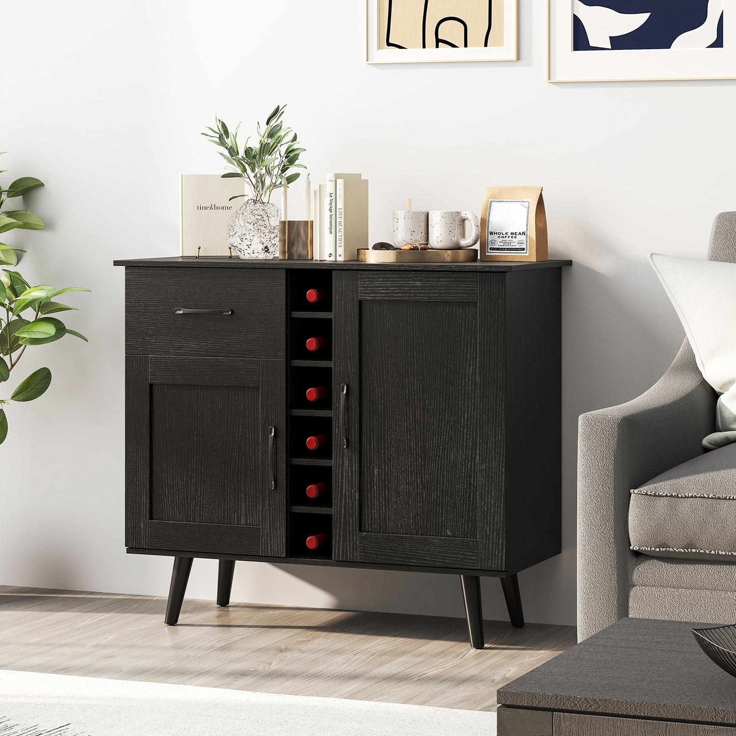 Modern Buffet Sideboard with 2 Cabinets, Storage Drawer and 6 Bottle Wine Rack - Black